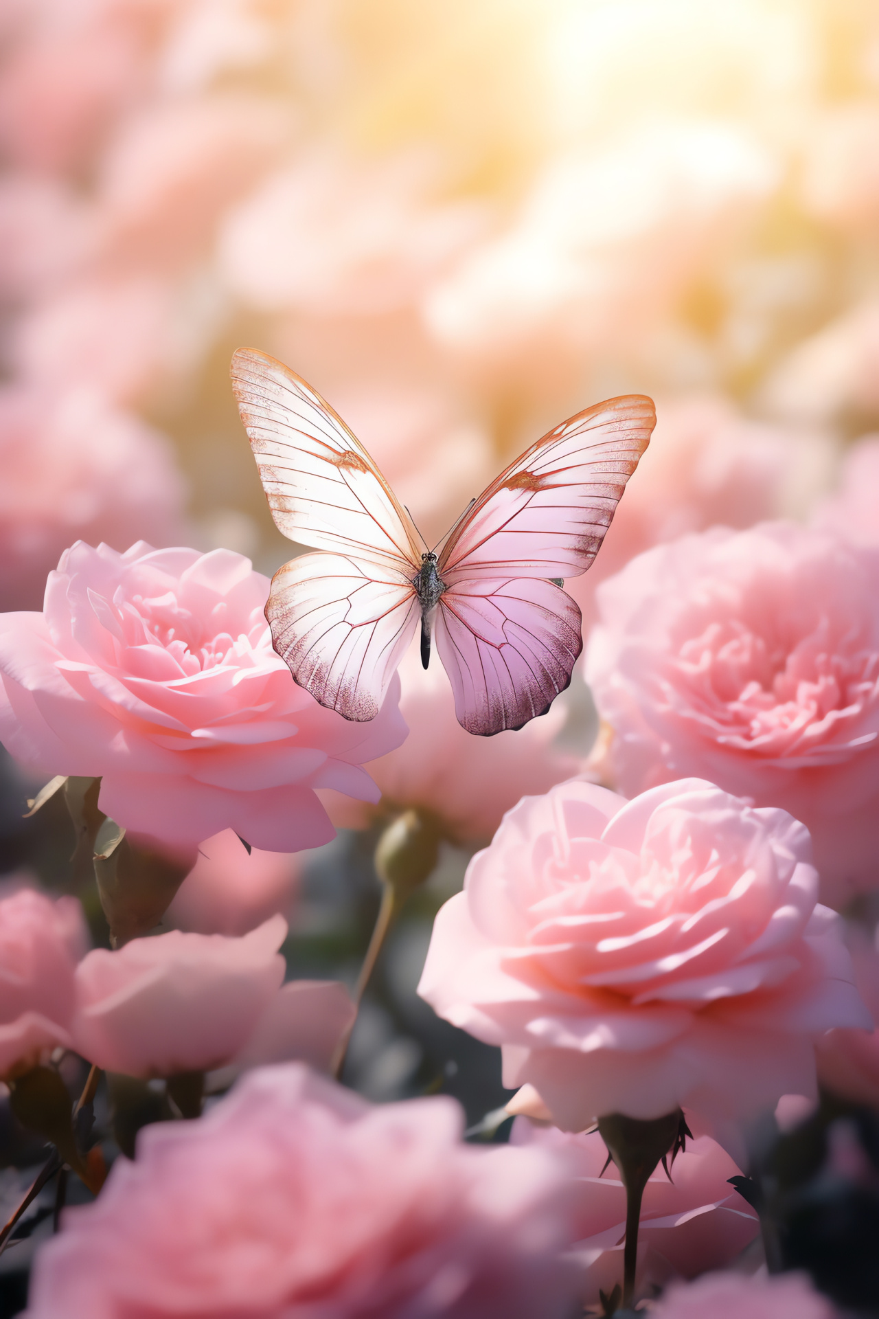 Gossamer Pink Butterfly, insect on bloom, rose garden setting, serene winged beauty, soft pink hues, HD Phone Wallpaper