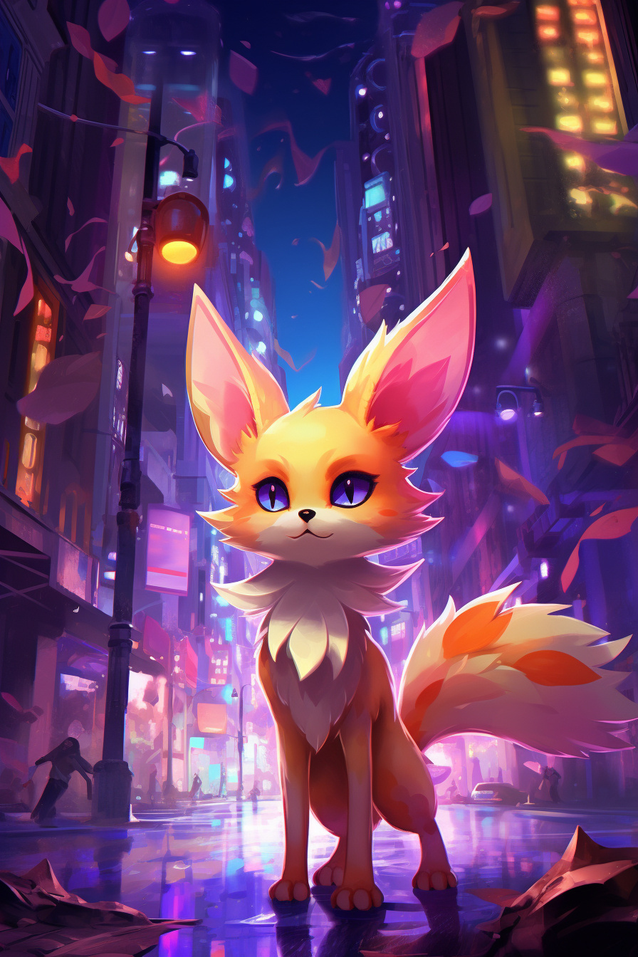 Fennekin amidst metropolis, shimmering neon signage, Pokemon in urban terrain, night-time city ambiance, HD Phone Image