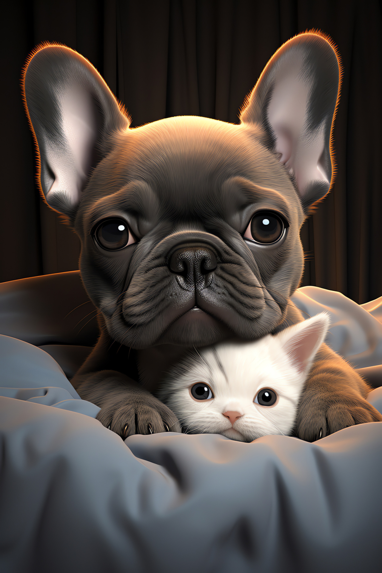 French Bulldog characteristics, Bulldog's wrinkled appearance, Feline fluffy texture, Canine and feline companionship, Bulldog's brown eye detail, HD Phone Image