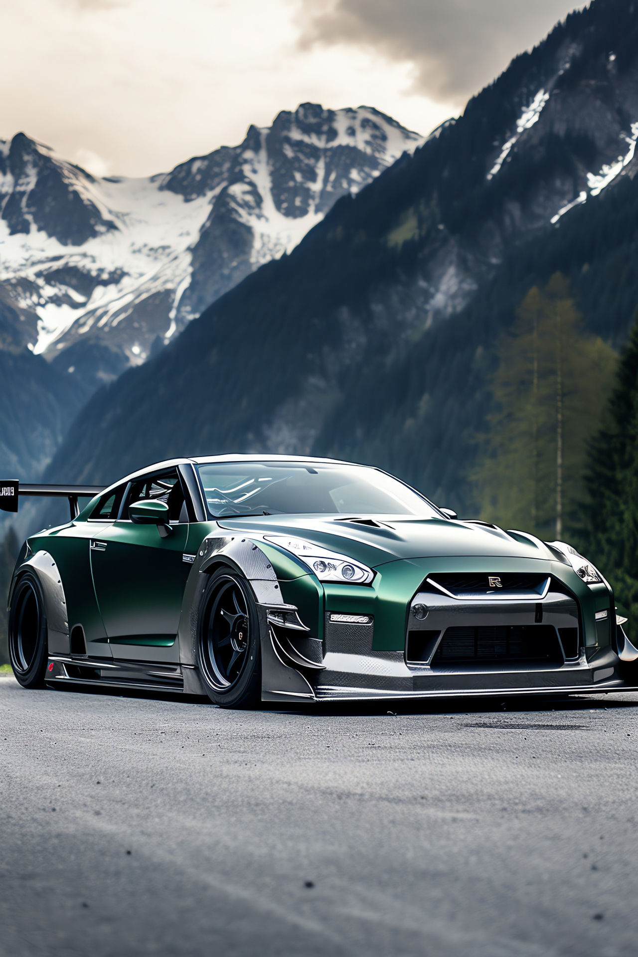 Nissan GTR Liberty Walk Swiss Alps backdrop, Alpine driving environment, Enhanced sports car, High-altitude roads, Engaging vehicle design, HD Phone Image