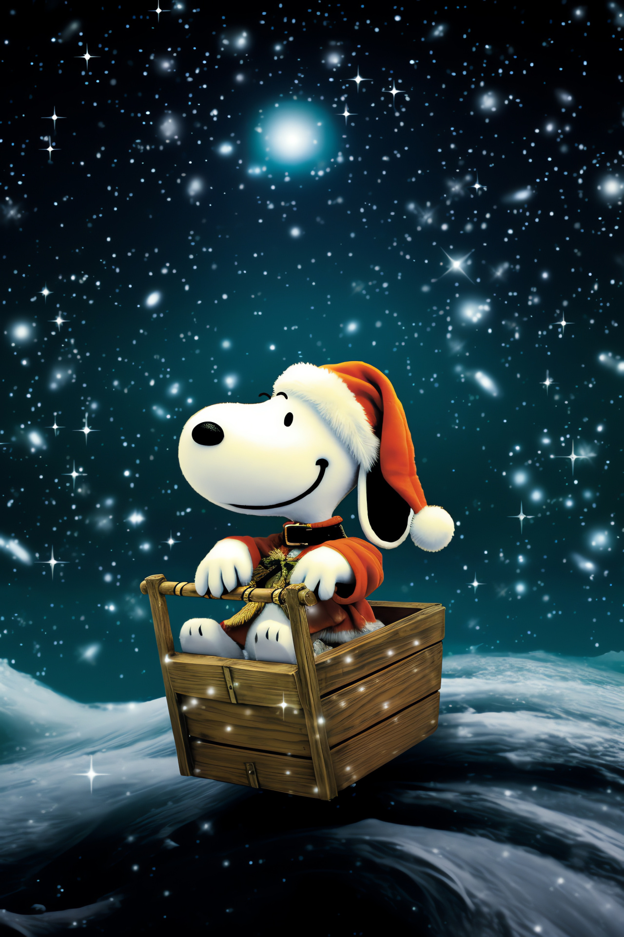 Snoopy on sled, Christmas myth, antlered team, celestial navigation, silent night sky, HD Phone Image