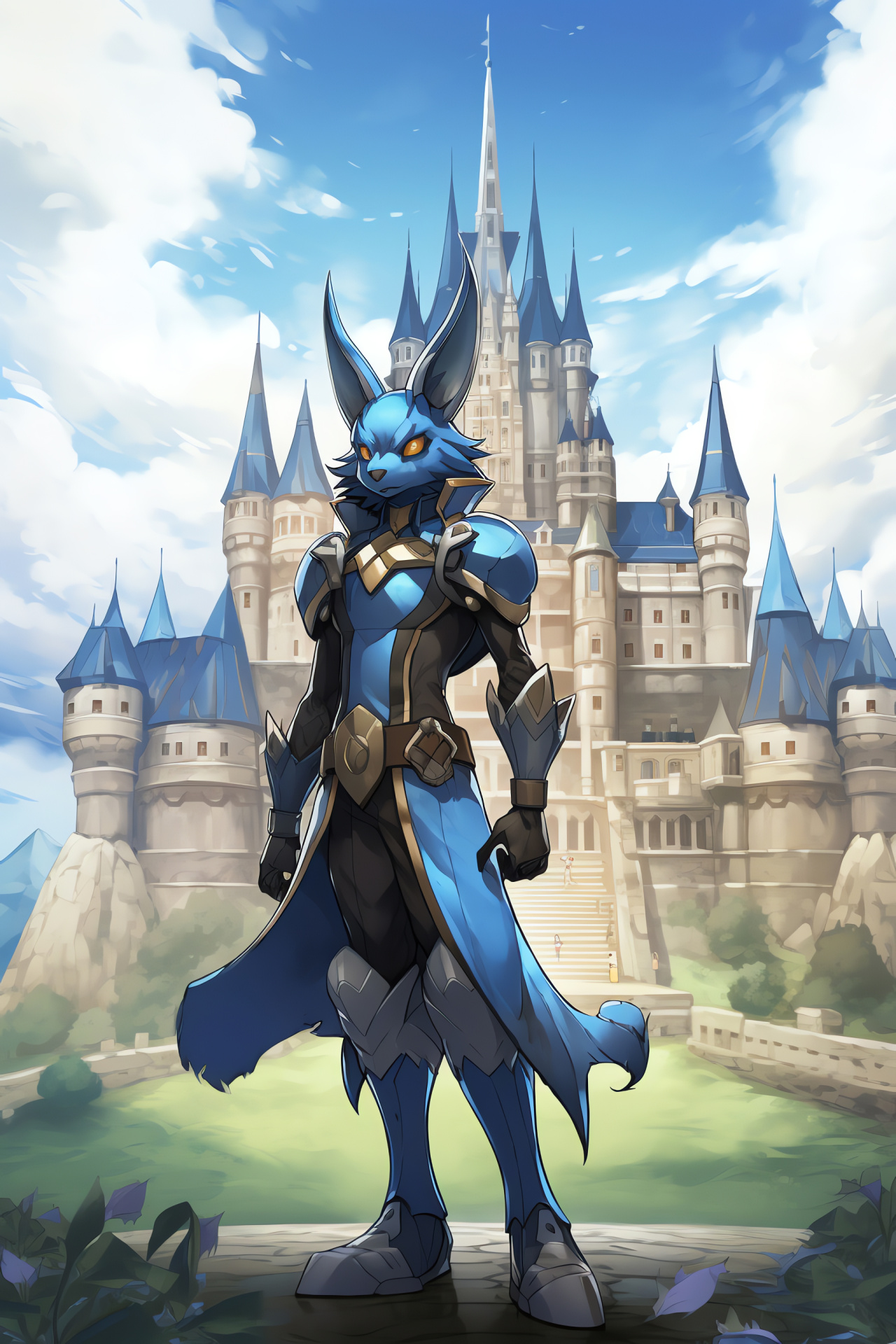 Pokemon Lucario character, Nintendo RPG, Noble warrior Pokemon, Enchanted stronghold setting, Aura manipulation technique, HD Phone Wallpaper