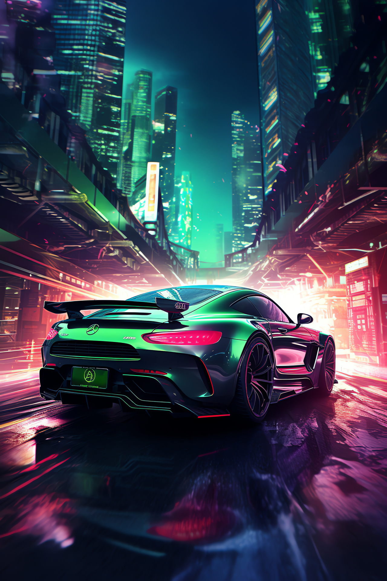 Mercedes-AMG GT R Pro, High-performance luxury, Futuristic city, Elevated perspective, Illuminated environment, HD Phone Wallpaper