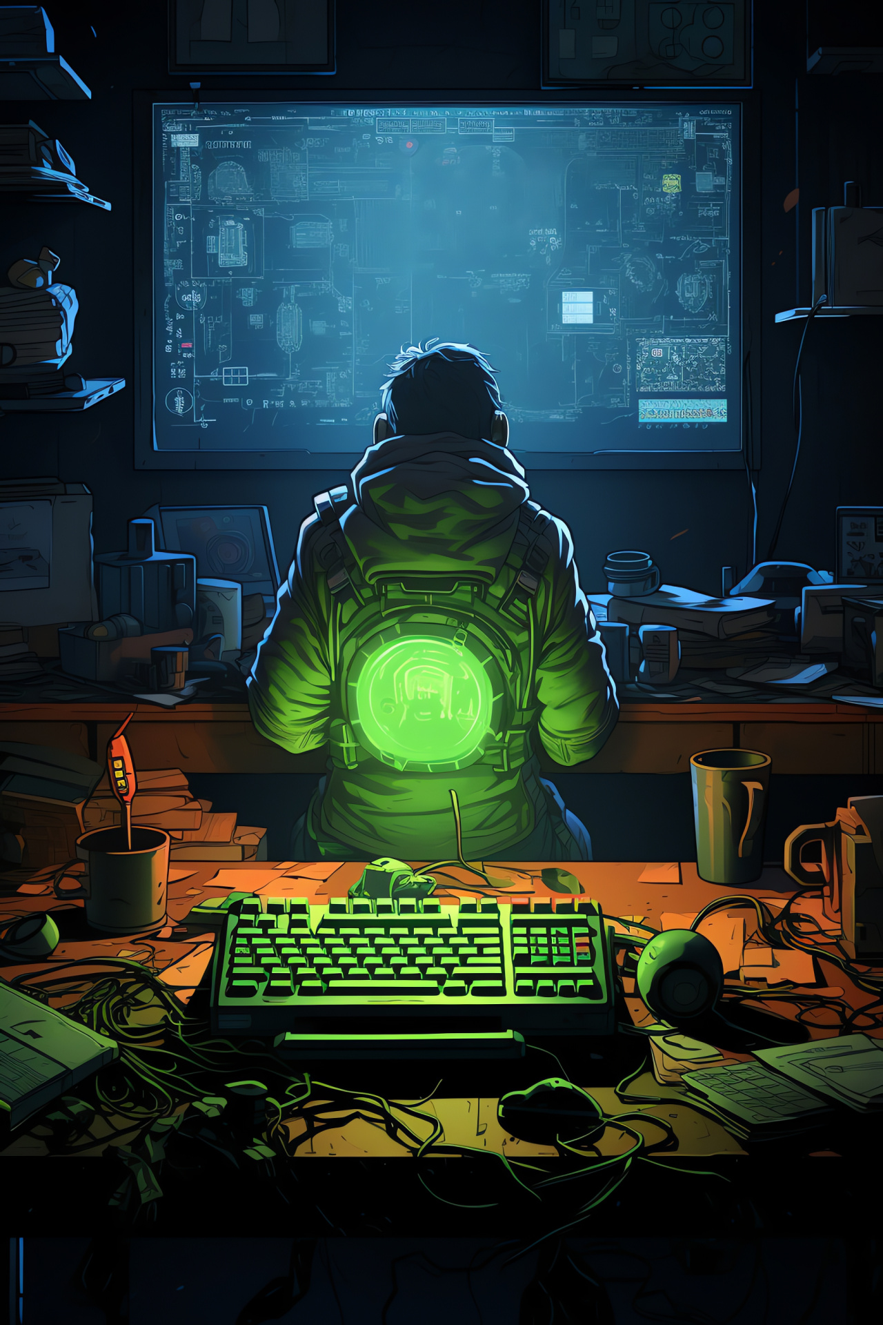 Post-apocalyptic technology, Pip Boy amidst shadows, Cyberpunk hacker station, Chaotic workspace, Computer keyboard, HD Phone Wallpaper