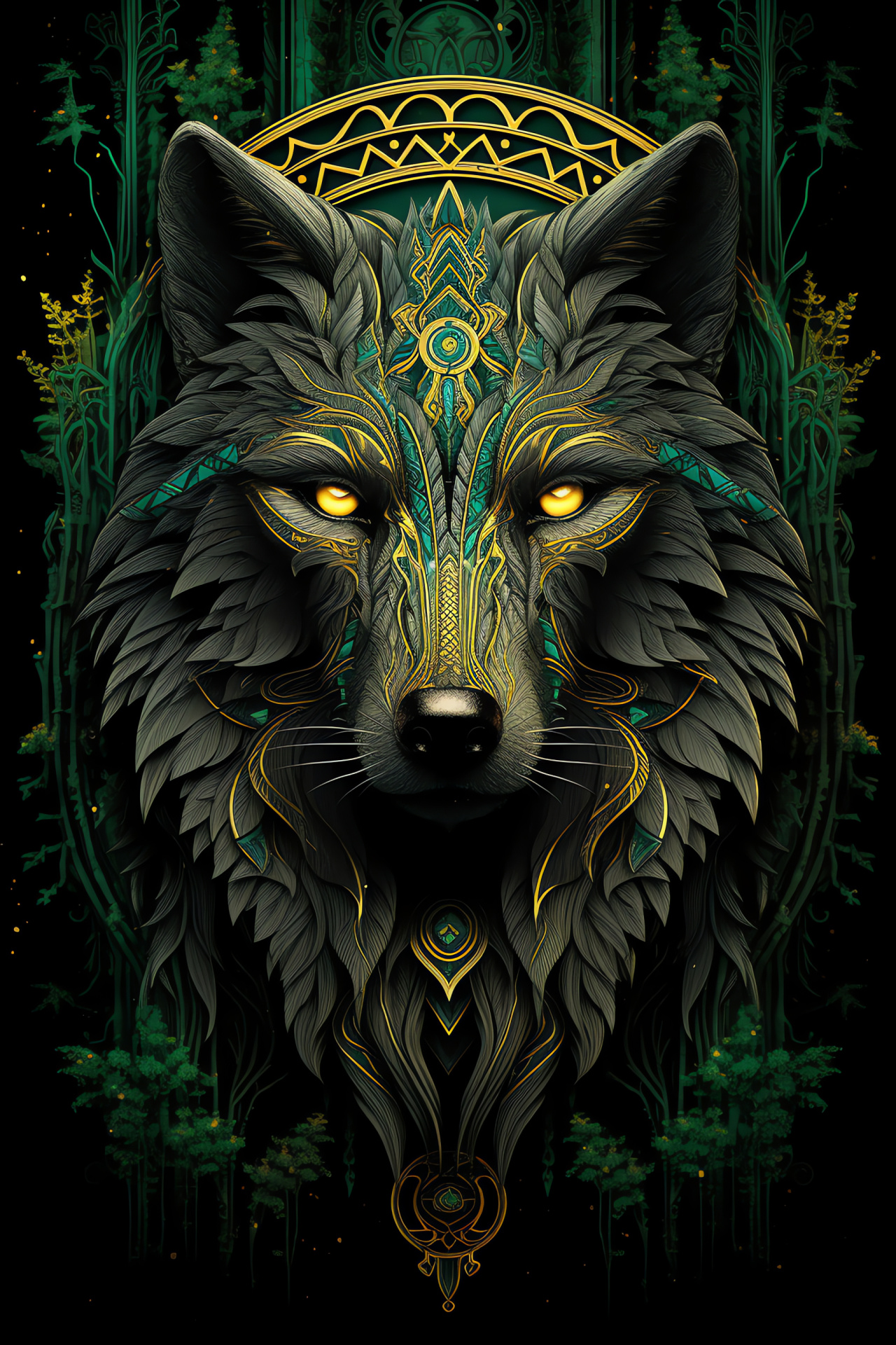 Emerald-eyed Wolf, Black fur, Tribal design, Lush greens, Wild canine, HD Phone Image