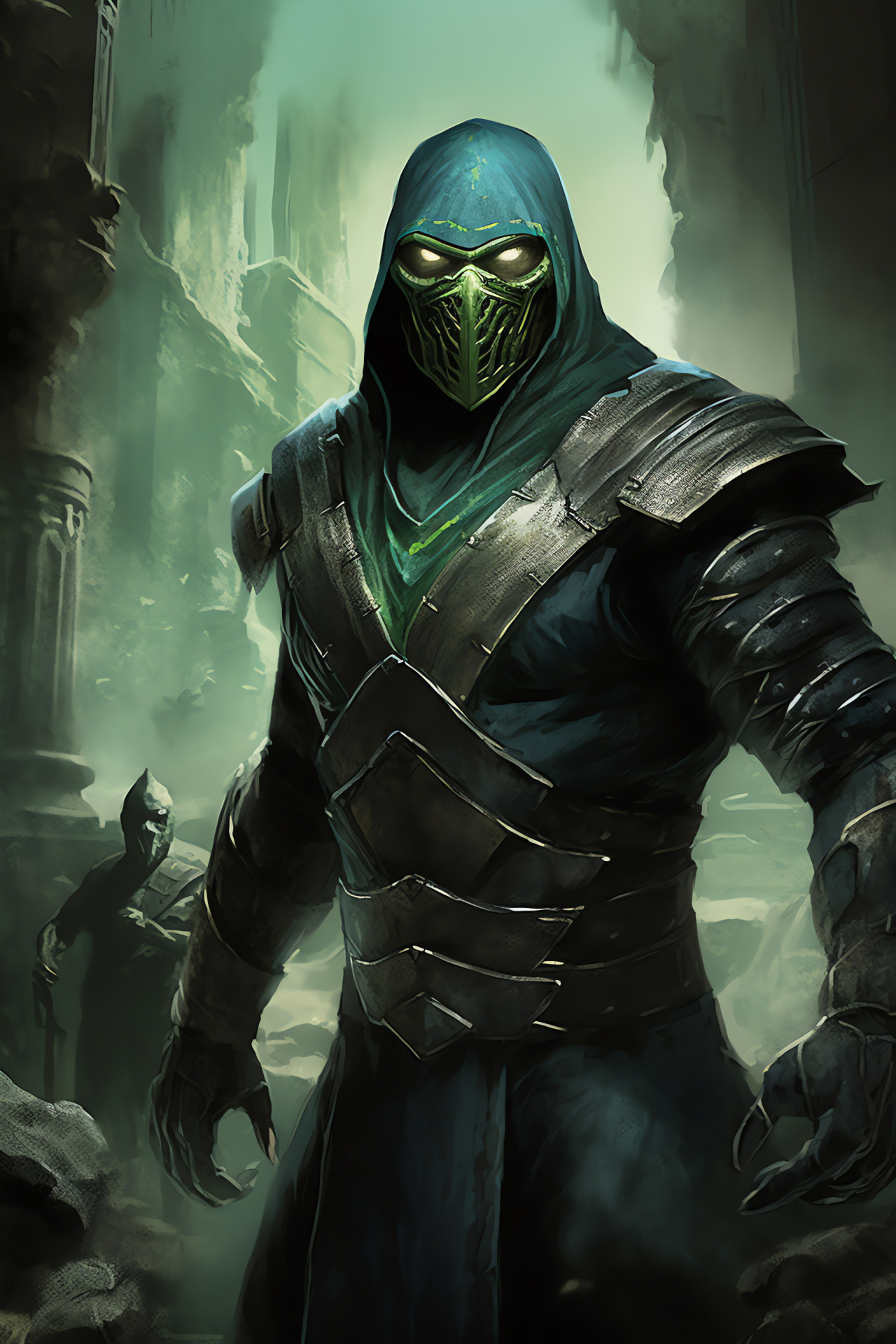 Stealth combatant, Arena background, Lurking danger, Mortal combat, Menacing gaze, HD Phone Wallpaper