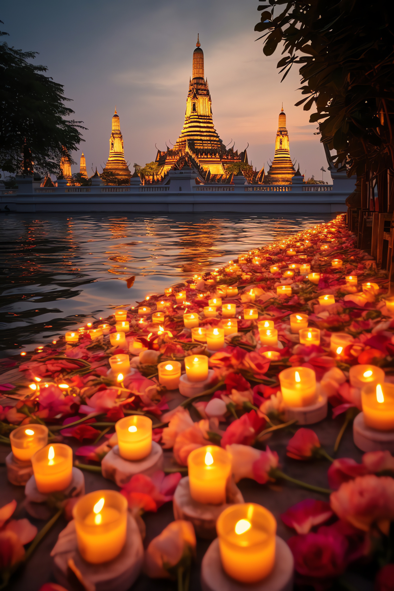 Bangkok festive ambiance, Wat Arun Temple, Southeast Asian culture, celebratory traditions, prosperity symbols, HD Phone Wallpaper