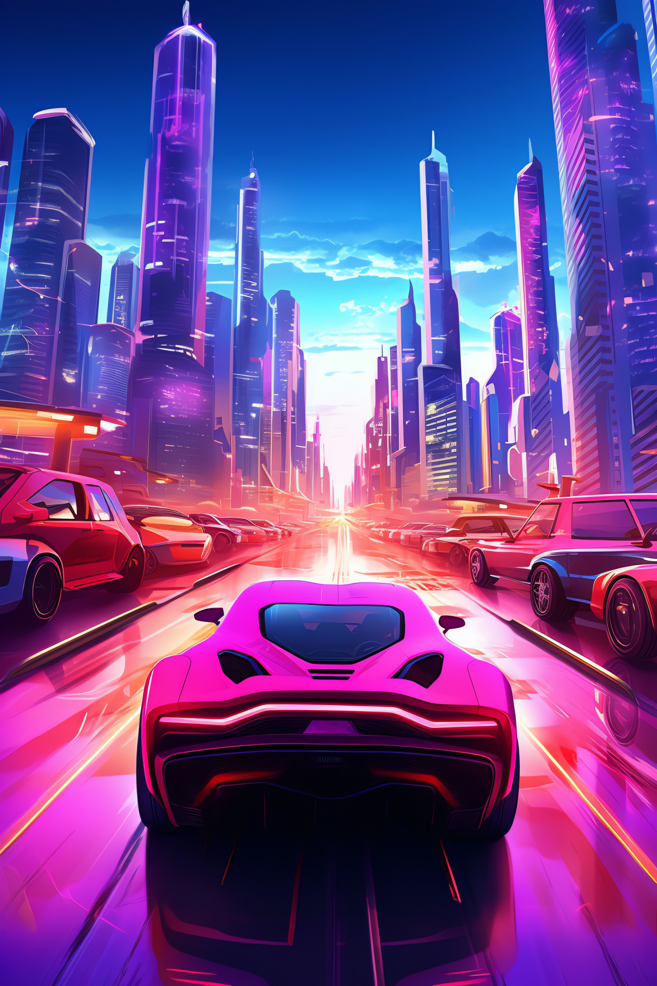 Pink concept machine, expansive city context, future skyline, neon glow excitement, pink tint dominance, HD Phone Image