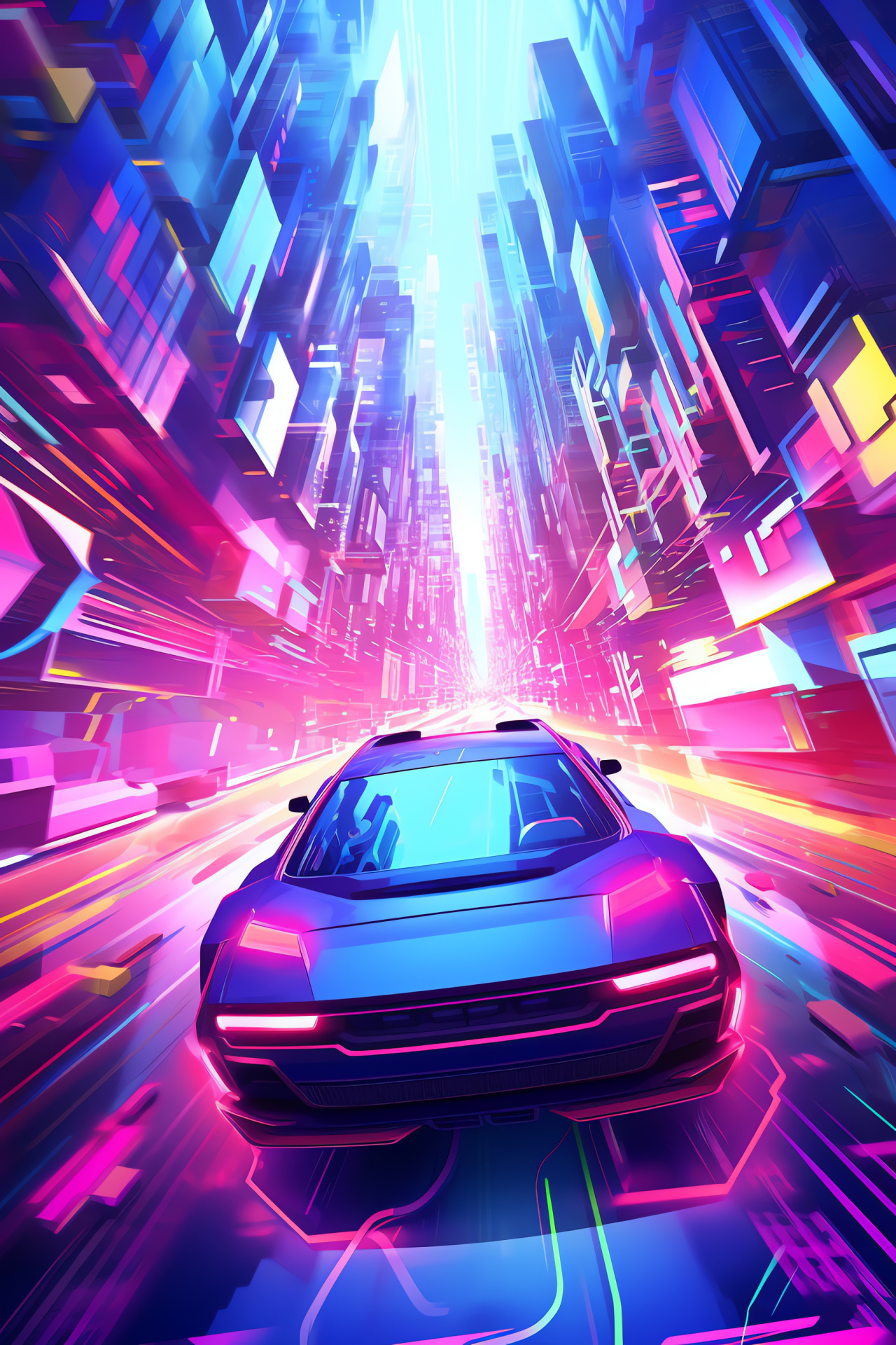 Neon Car aesthetic, City night lights, Aerial city landscape, Panoramic skyscrapers, Contemporary advertising, HD Phone Image