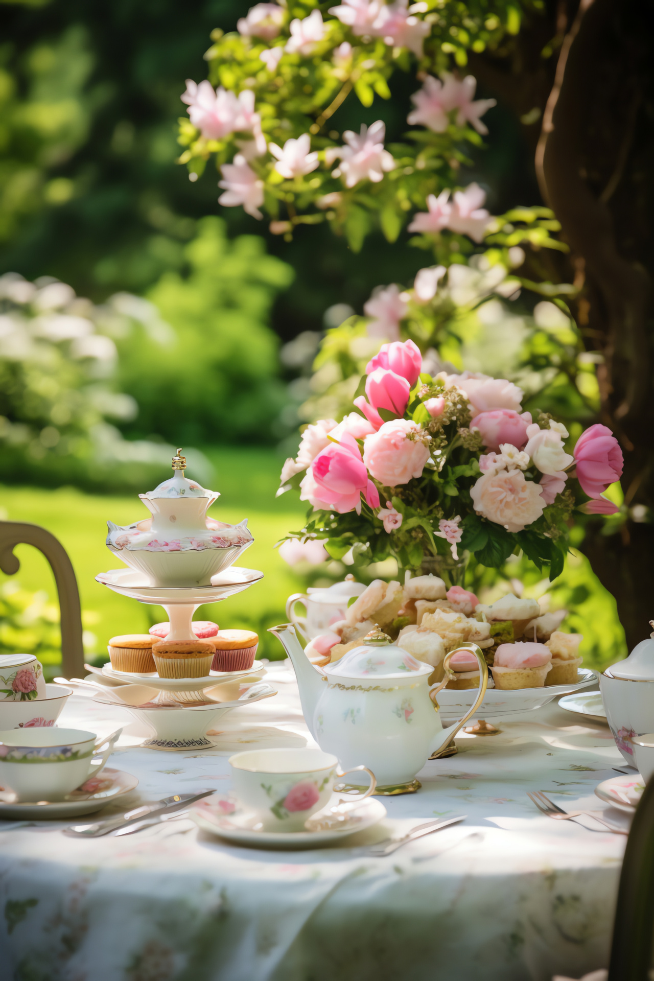 Garden birthday fte, High tea celebration, Botanical garden scenery, Blooming flower varietals, Lush green surroundings, HD Phone Wallpaper