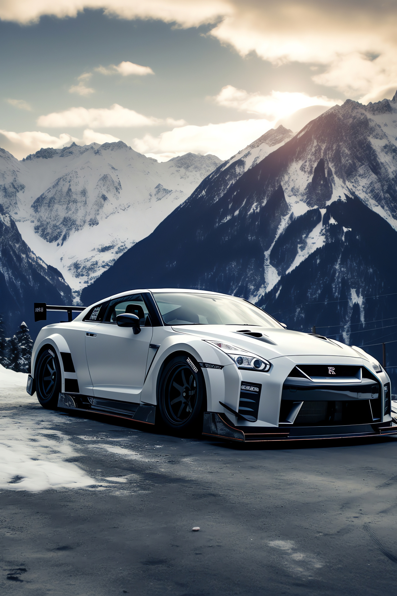 Nissan GTR Liberty Walk, Alpine Swiss passages, Curved mountain routes, Performance car body, Alpine snowy peaks, HD Phone Image