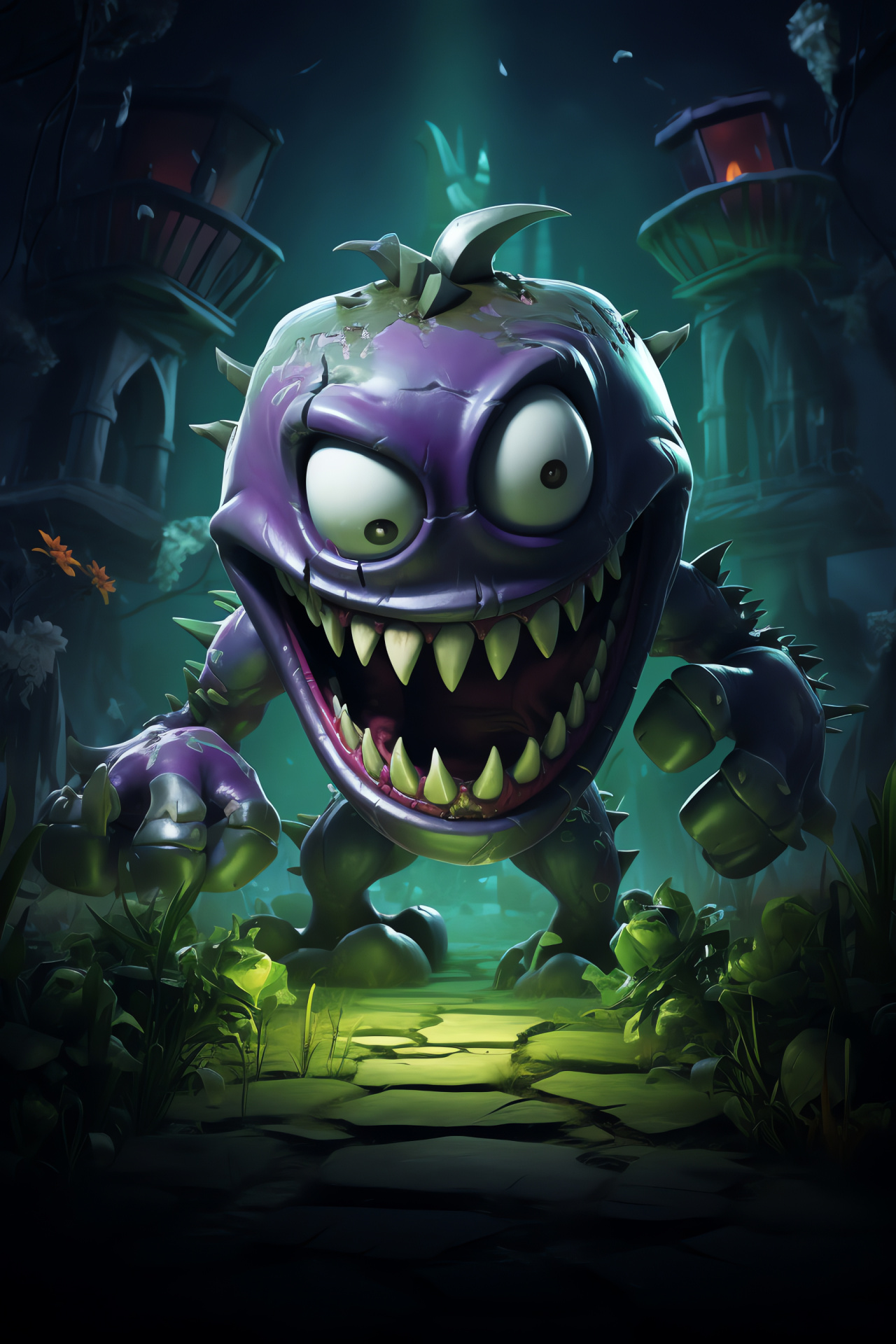 Pvz Garden Warfare Chomper, Eerie Moon Base Z setting, Green-eyed creature artwork, Shadowy gaming environment, Plant character illustration, HD Phone Wallpaper