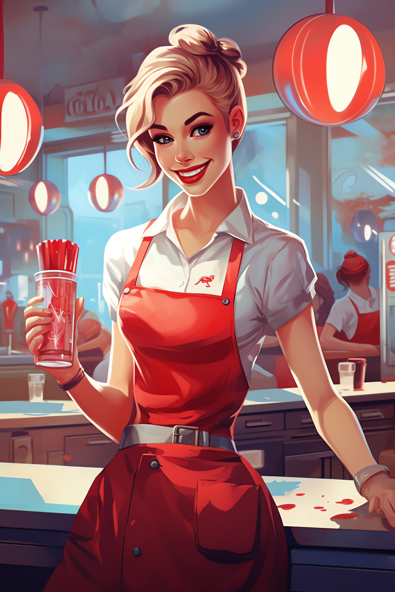 Post-apocalyptic refreshment, Retro diner scene, Smiling service character, Anticipating patrons, Soda fountain ambiance, HD Phone Wallpaper