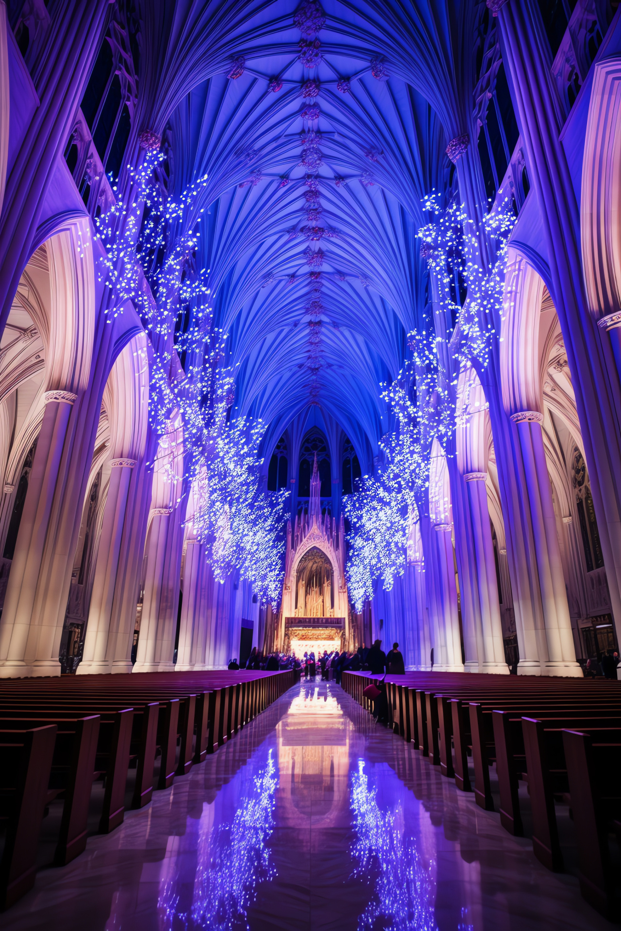 Illuminated ecclesiastical site, holiday white lights, towering cathedral pillars, celestial light touch, sacred glass artwork, HD Phone Image