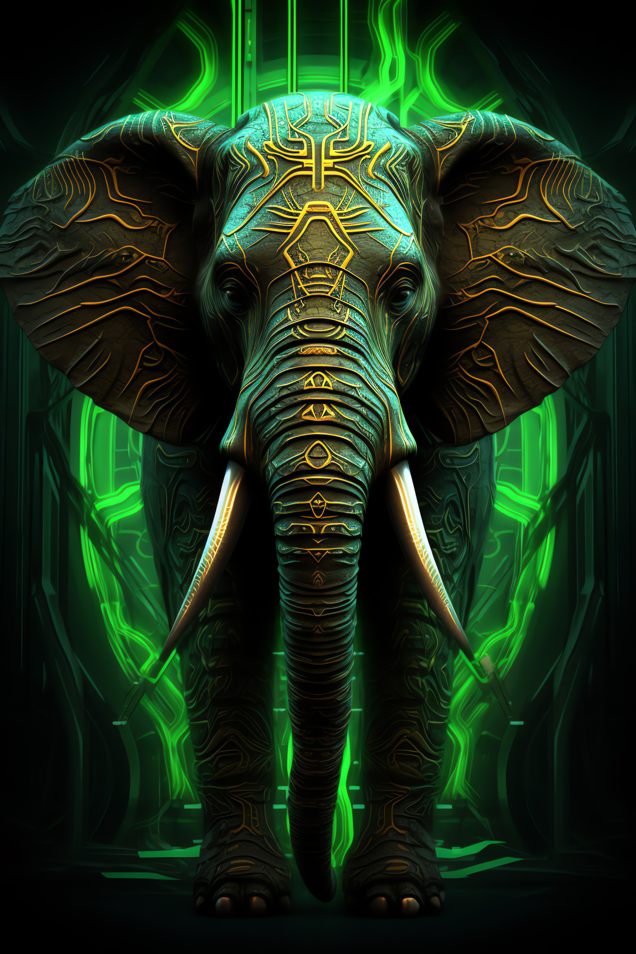 Tribal Elephant elevated shot, Tusked mammal, Pachyderm skin texture, Illuminated linear background, HD Phone Wallpaper