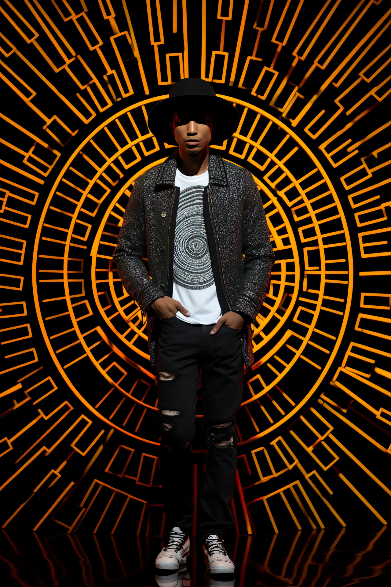 Pharrell Williams, Vocal performance, Musical setting, Patterned ambiance, Performer's poise, HD Phone Image