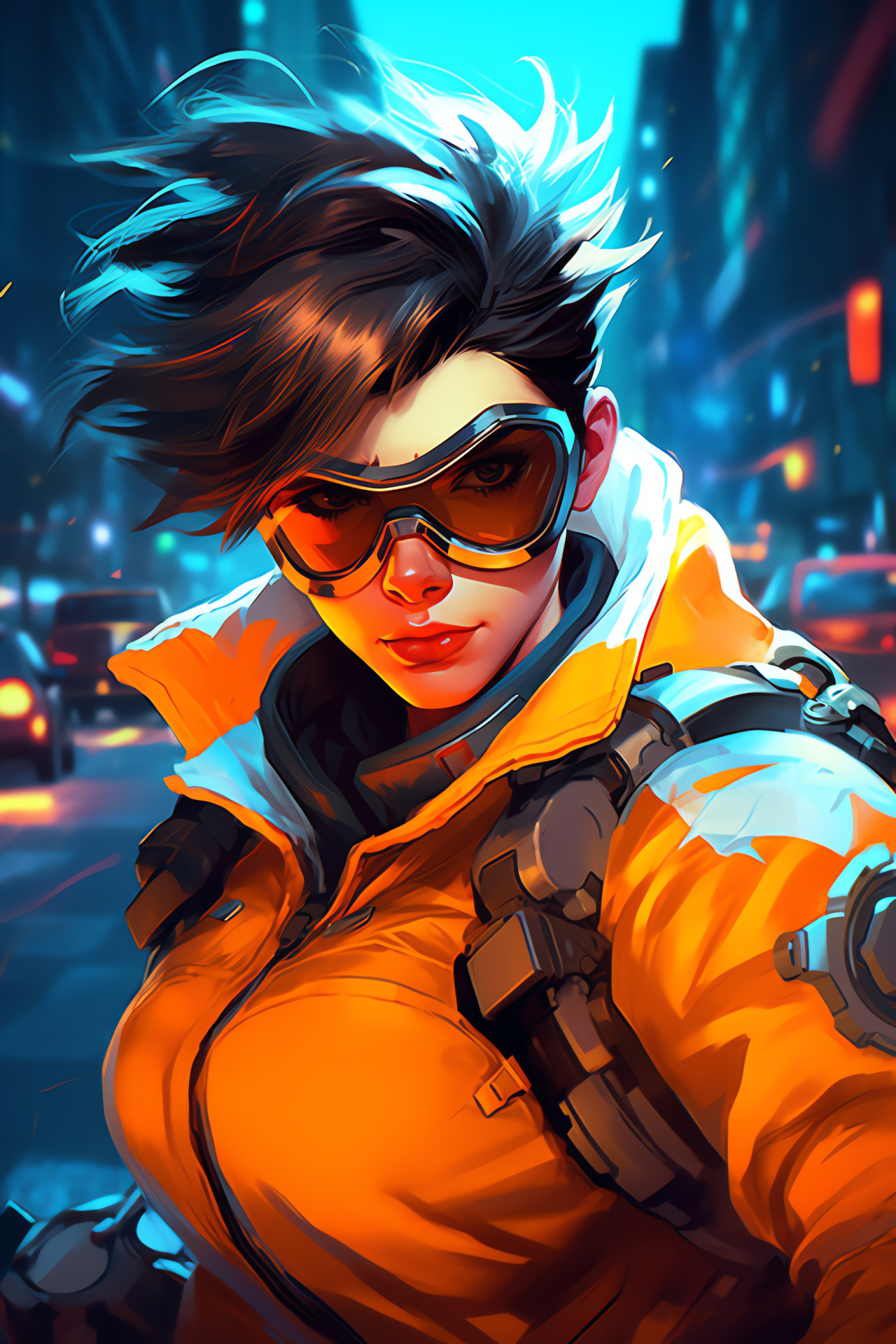 Overwatch protagonist Tracer, Cityscape environment, Energetic heroine, Urban adventure, Equipped sidearms, HD Phone Image