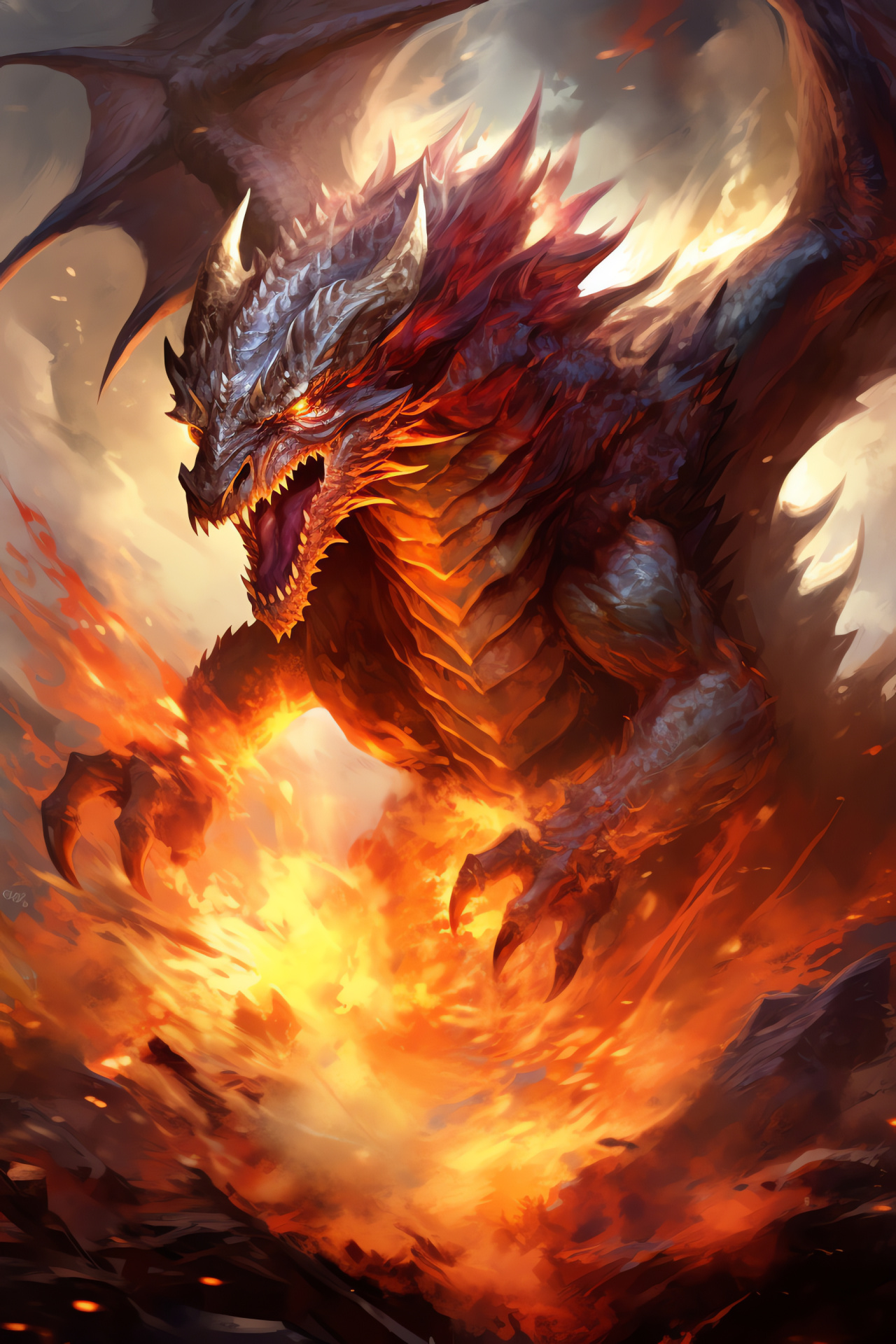 MTG dragon creature, Scales of terror, Blazing breath, Destructive force, Gaming illustration, HD Phone Image