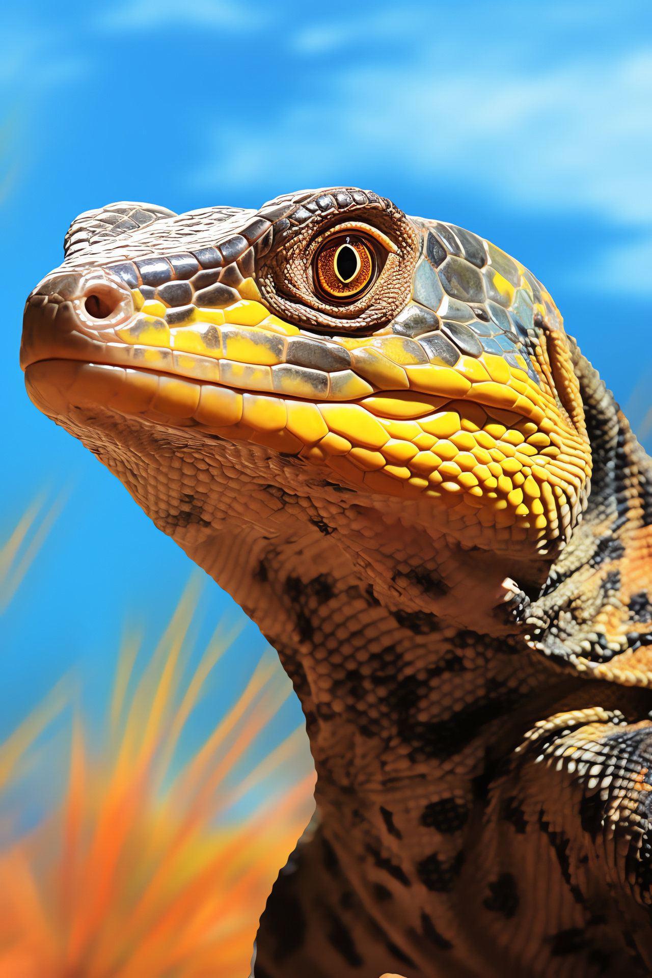 Goanna sun worship, Australian lizard, outdoor landscape, detailed scales, gold-tinted eyes, HD Phone Wallpaper