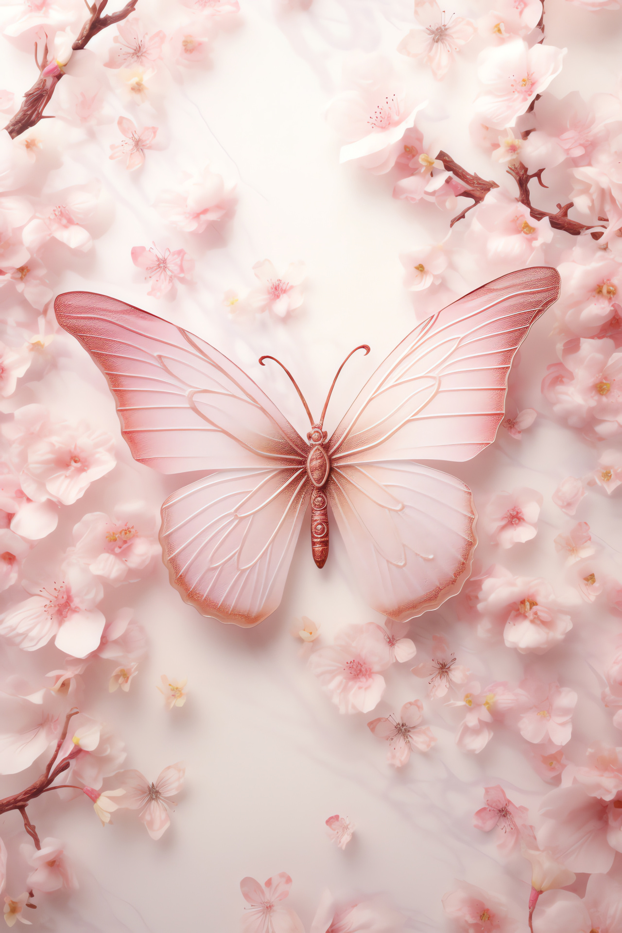 Butterfly with pink hue, silk-like winged insect, naturally intricate patterns, cherry blossom habitat, serene meadow, HD Phone Image