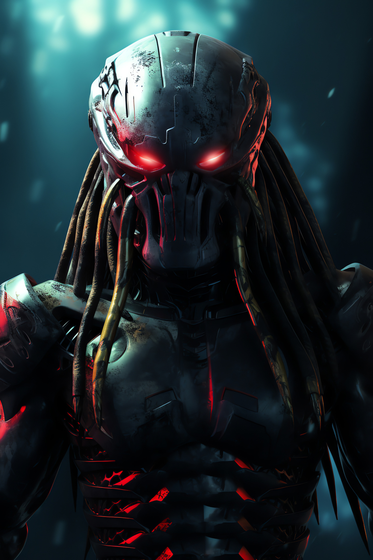 Predator dominance, Striking tri-color environment, Menacing alien red eyes, Imposing predator stature, Sci-fi icon, HD Phone Wallpaper