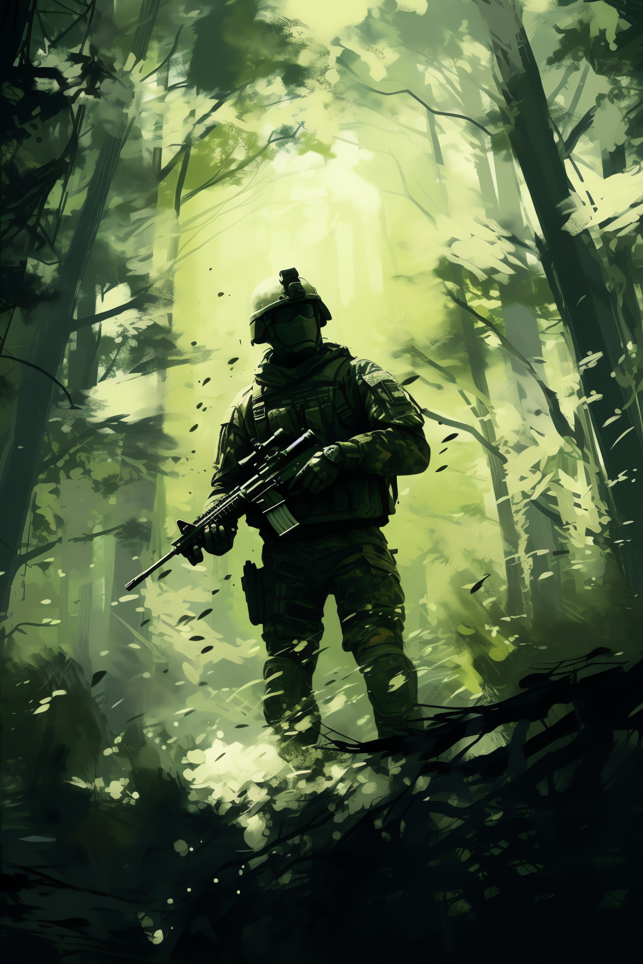 Ghost in environment, Covert operation, Military firepower, Nature backdrop, Adrenaline scenario, HD Phone Wallpaper