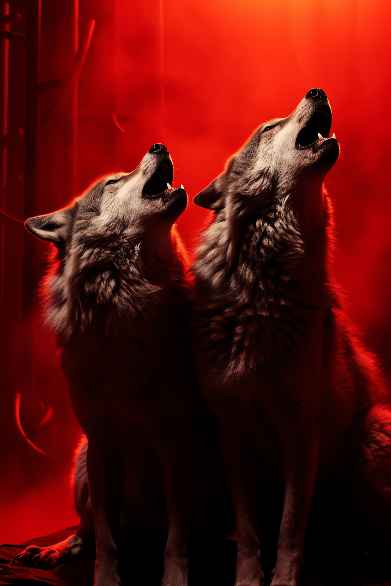 Pair of Canis lupus, nocturnal vocalization, monochromatic forest creatures, crimson canvas, wolf pack fur, HD Phone Image