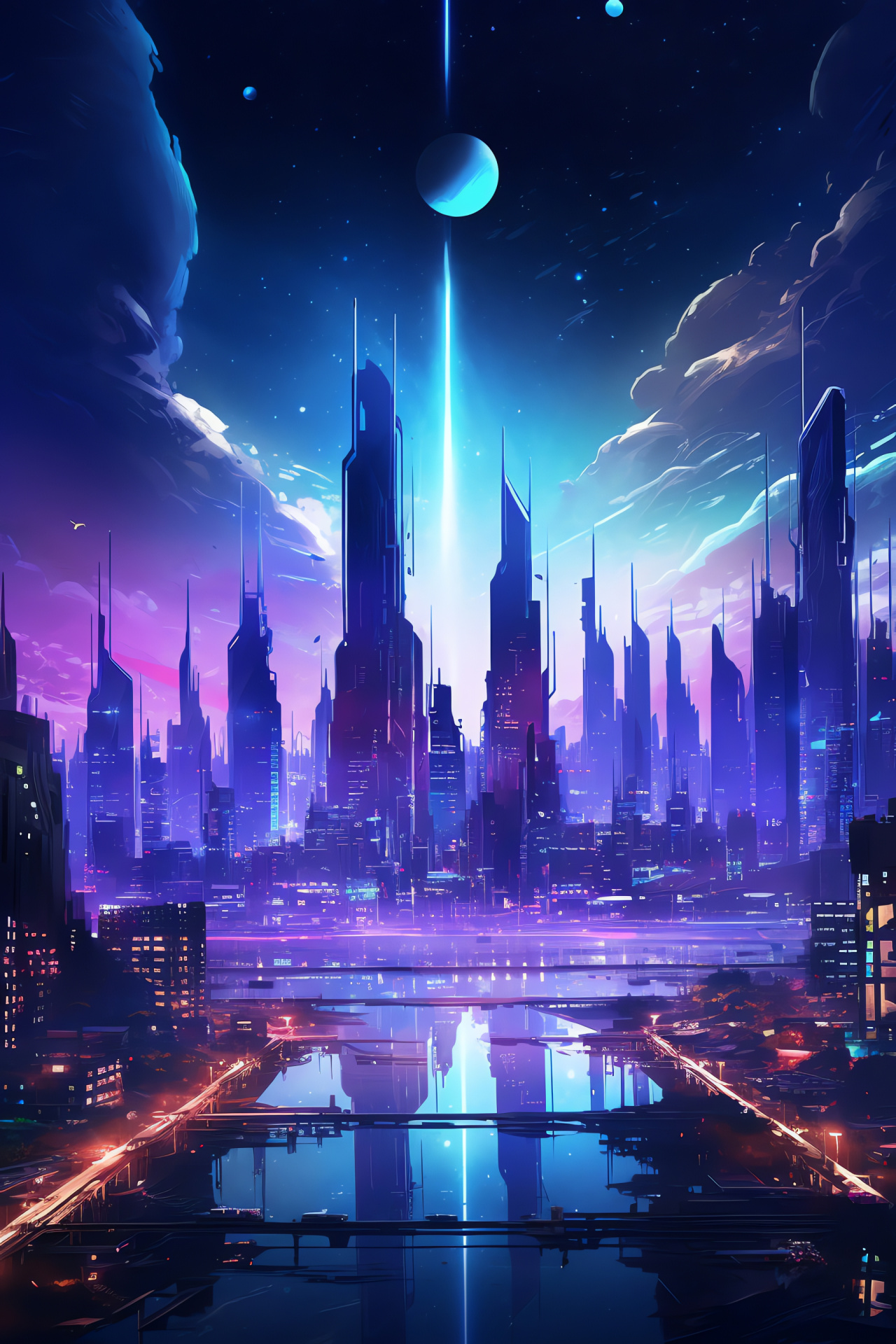 Metropolitan futurism, Cosmic cyberpunk district, Illuminated thoroughfares, Tomorrow's urbanity, Prophetic skyline, HD Phone Wallpaper