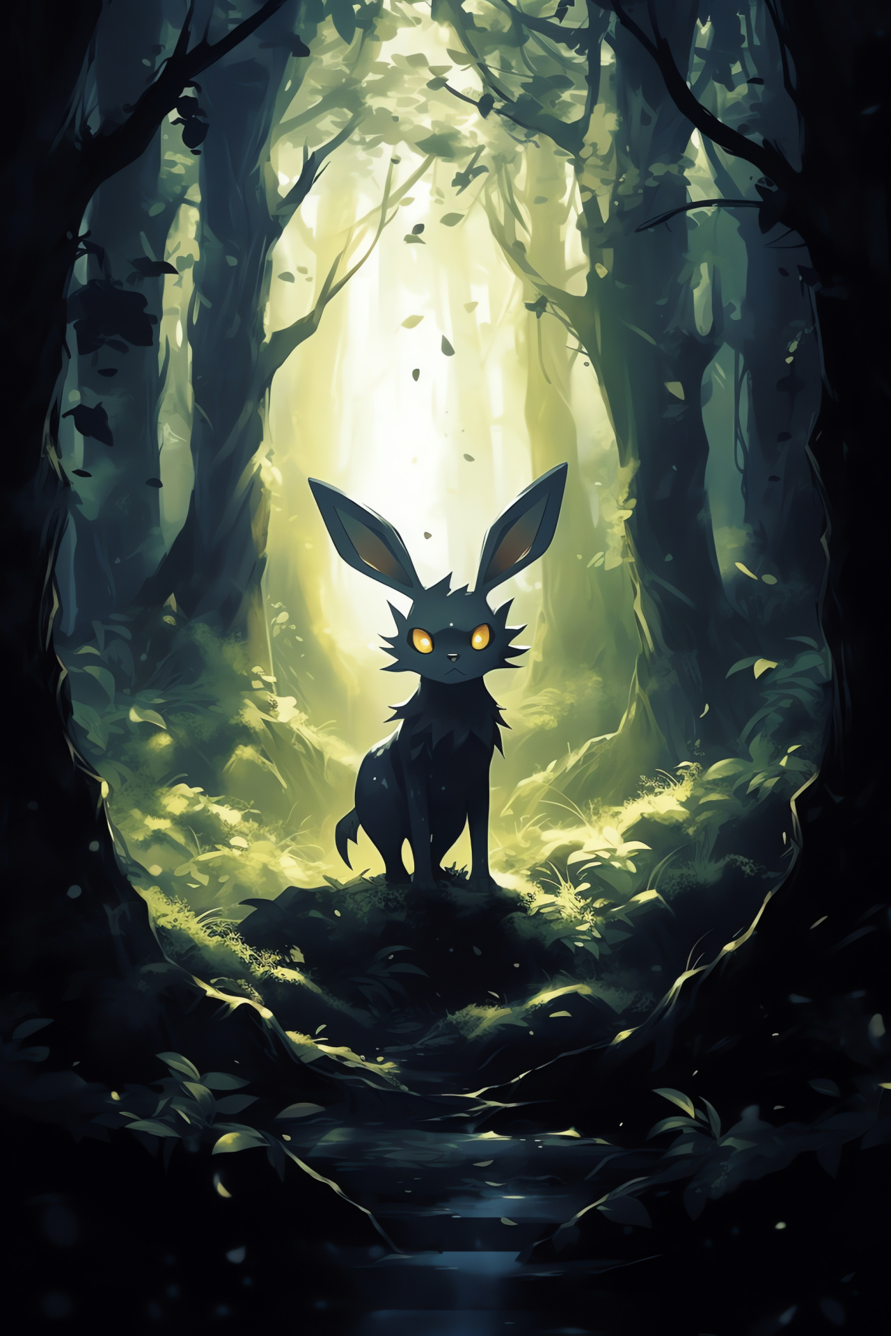 Umbreon under moon, Nocturnal darktype, Forlorn woods, Subtle luminescence, Shaded environ, HD Phone Wallpaper