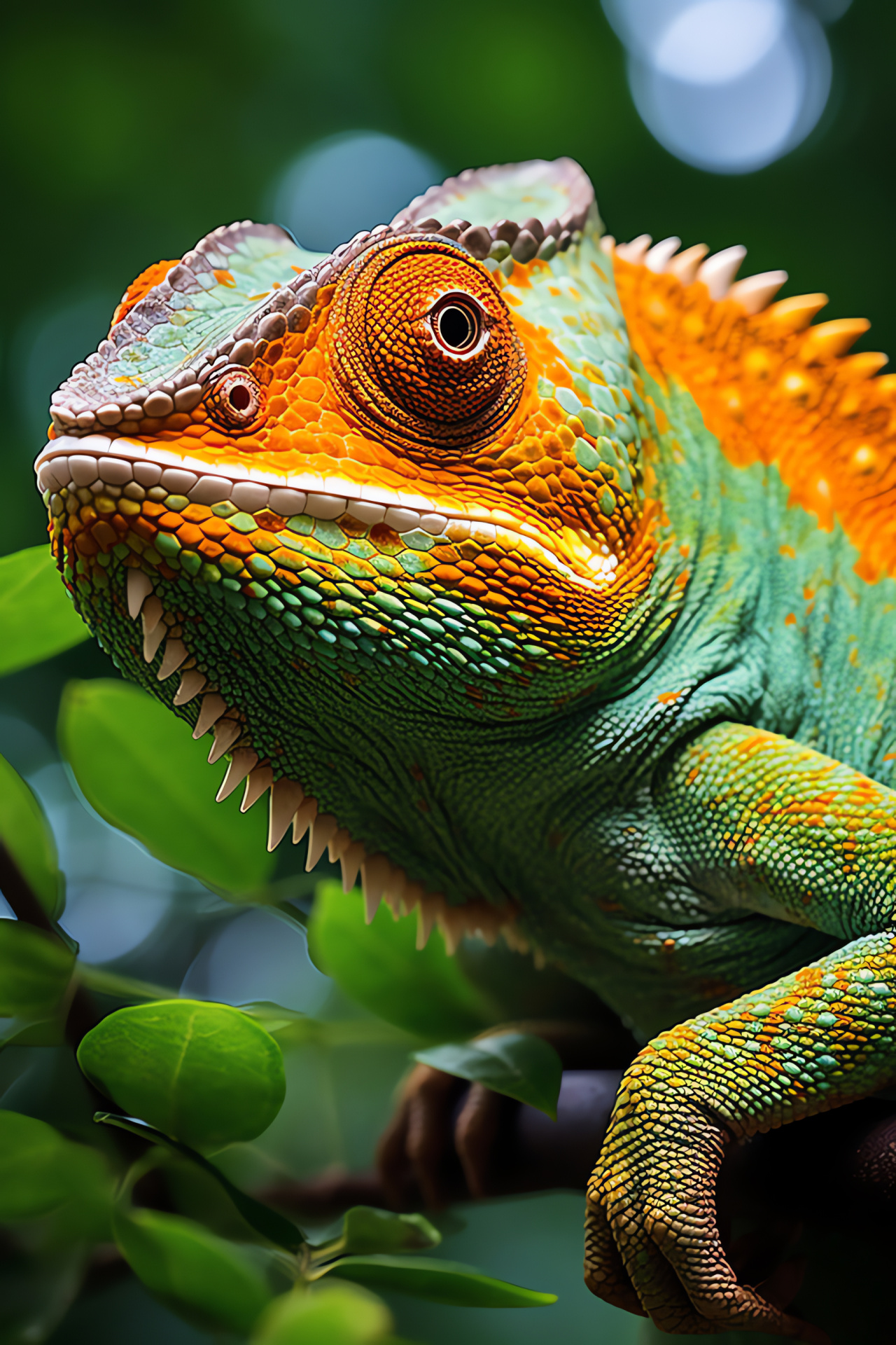 Chameleon lizard, Striking colors, Reptilian textures, Eye-catching appearance, Nature close-up, HD Phone Wallpaper