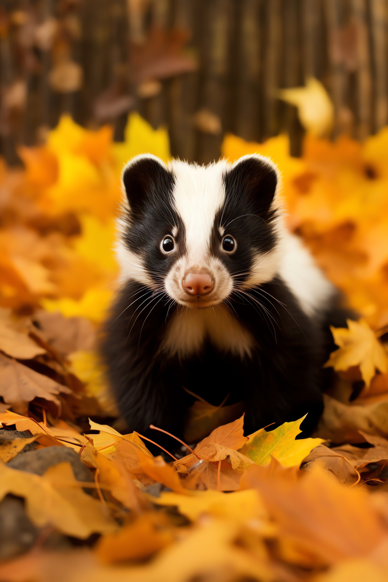 Skunk playtime, urban wildlife, seasonal foliage, lively creature, parkland habitat, HD Phone Wallpaper