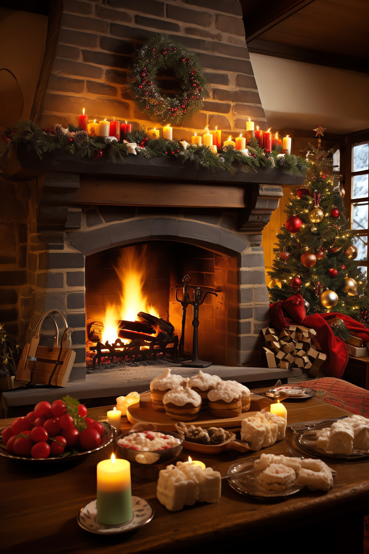 Quaint snowbound abode, alpine family retreat, rustic hearth flames, holiday home ornamentation, communal merriment, HD Phone Image