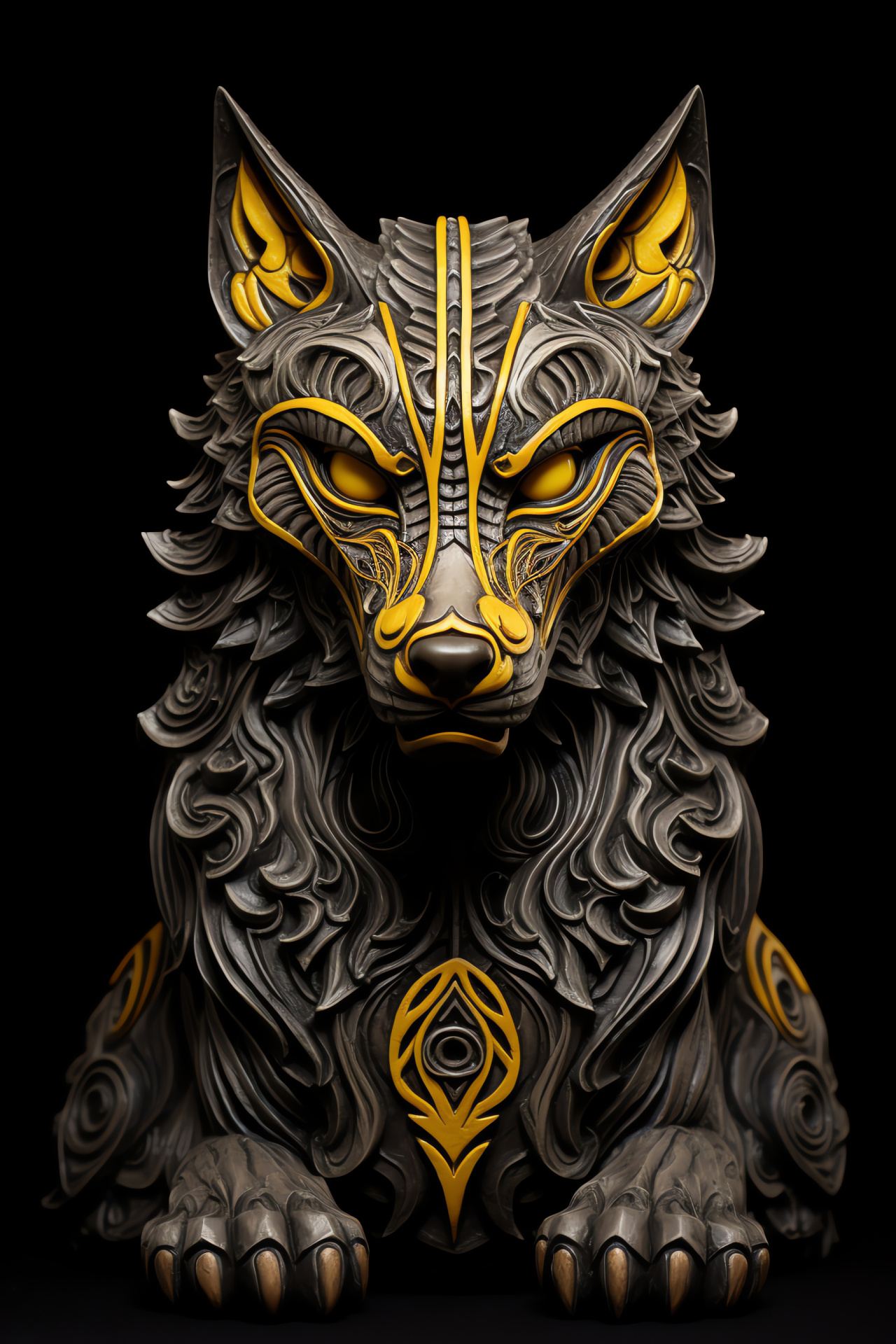 Tribal wolf artwork, Canine with golden eyes, Nighttime predator, Tribal dcor theme, HD Phone Wallpaper