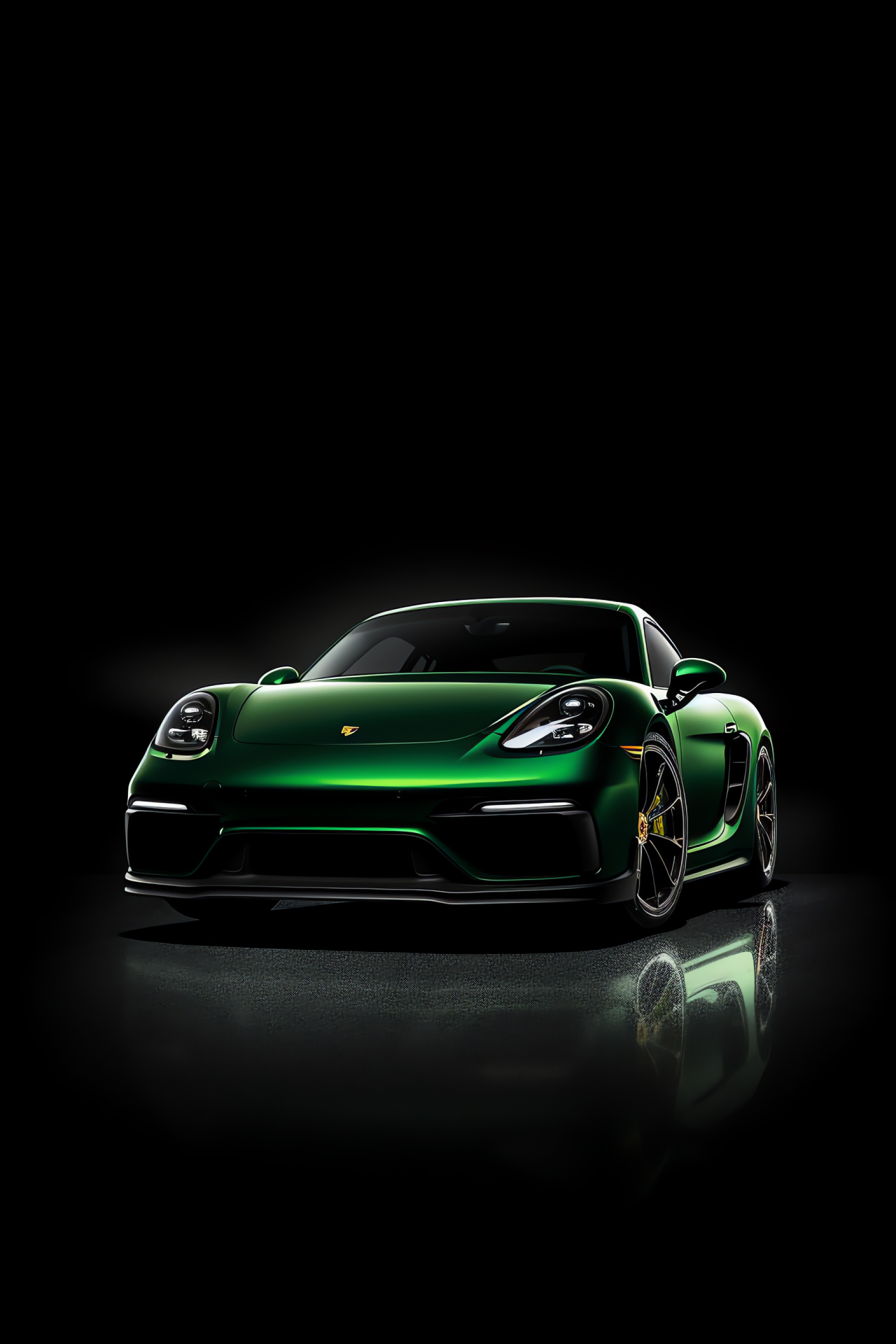 Porsche 718 Cayman GT4, Broad perspective, Striking green surface, Pure black setting, Sports model, HD Phone Wallpaper