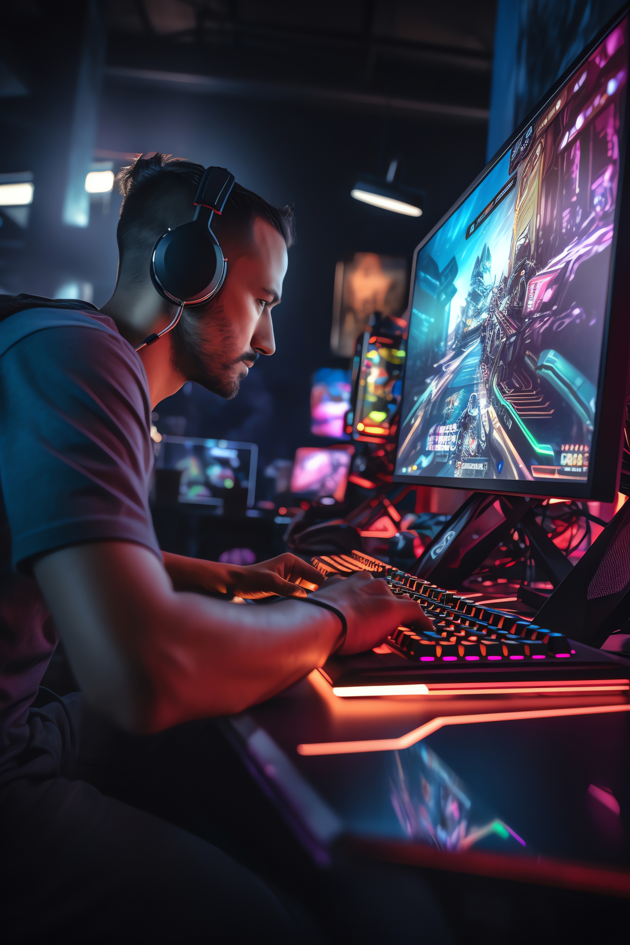 Gaming session intensity, Dynamic RGB lighting, High-tech input devices, Professional esports gear, Focus gaming scene, HD Phone Image