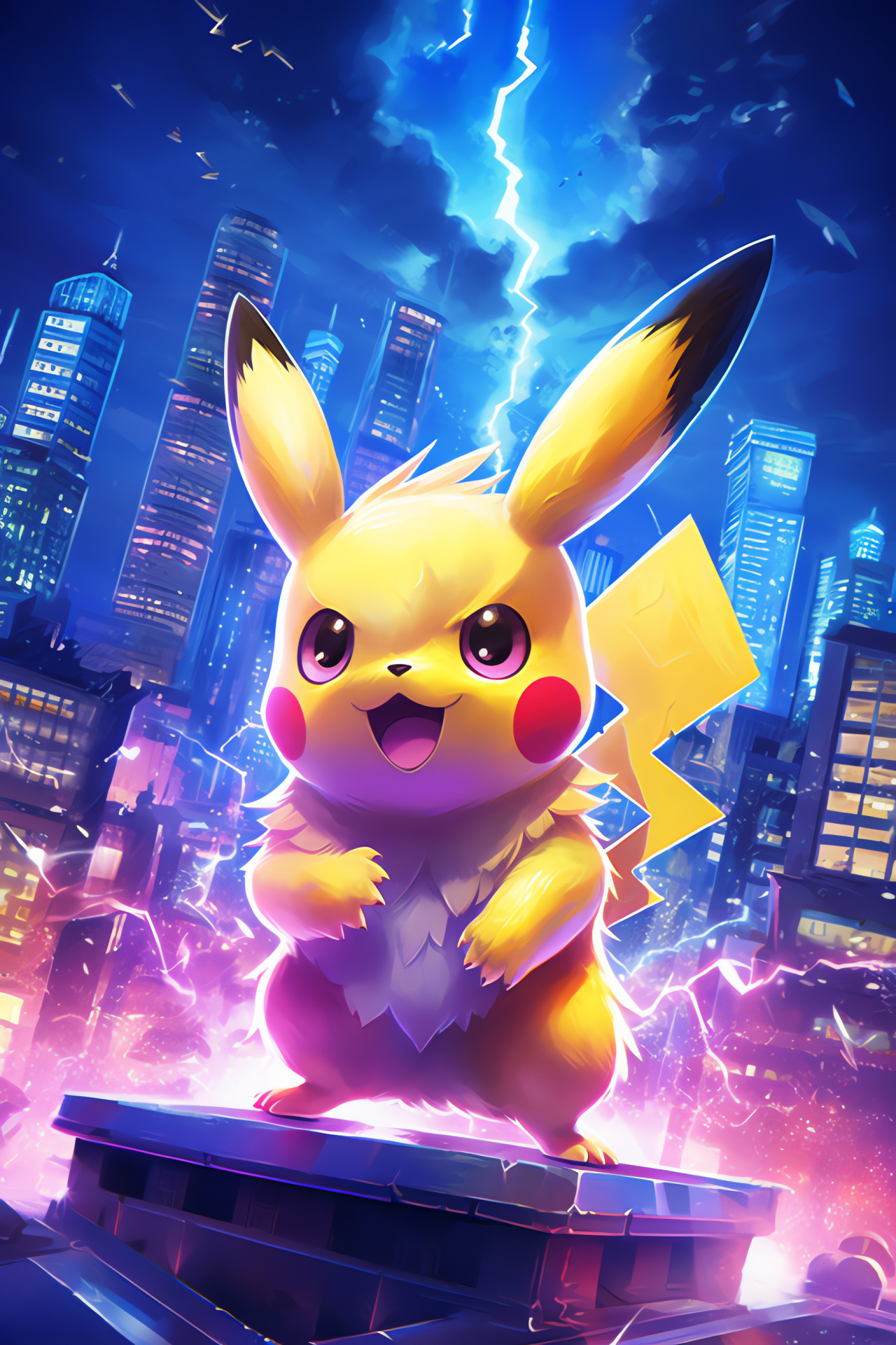 Urban Pikachu, Shocking character, Cosmopolitan heights, Electrifying city backdrop, Illuminated night-time scene, HD Phone Wallpaper