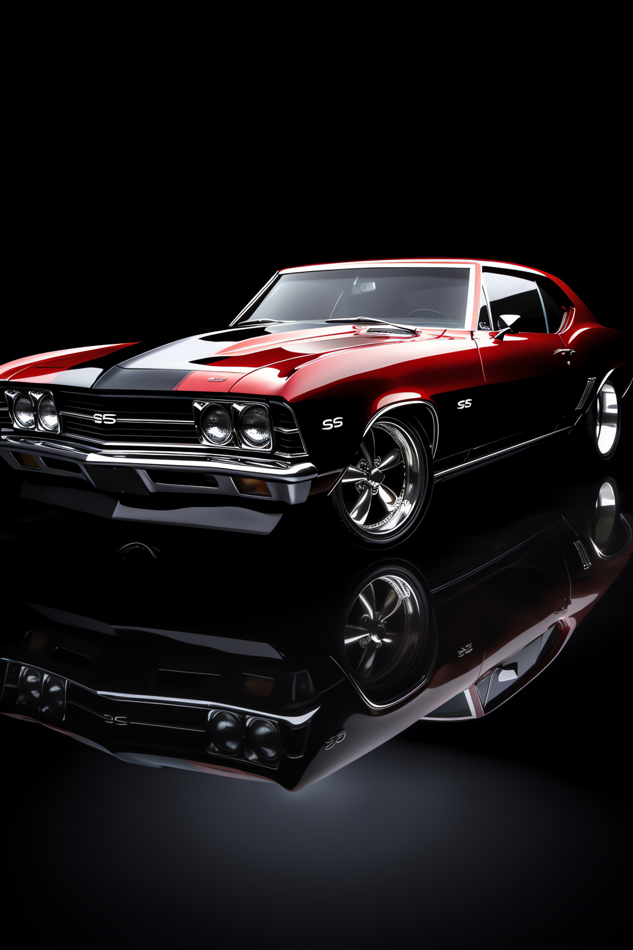 Classic American muscle car, High-angle perspective, Gleaming red finish, Stark black setting, Automotive nostalgia, HD Phone Wallpaper