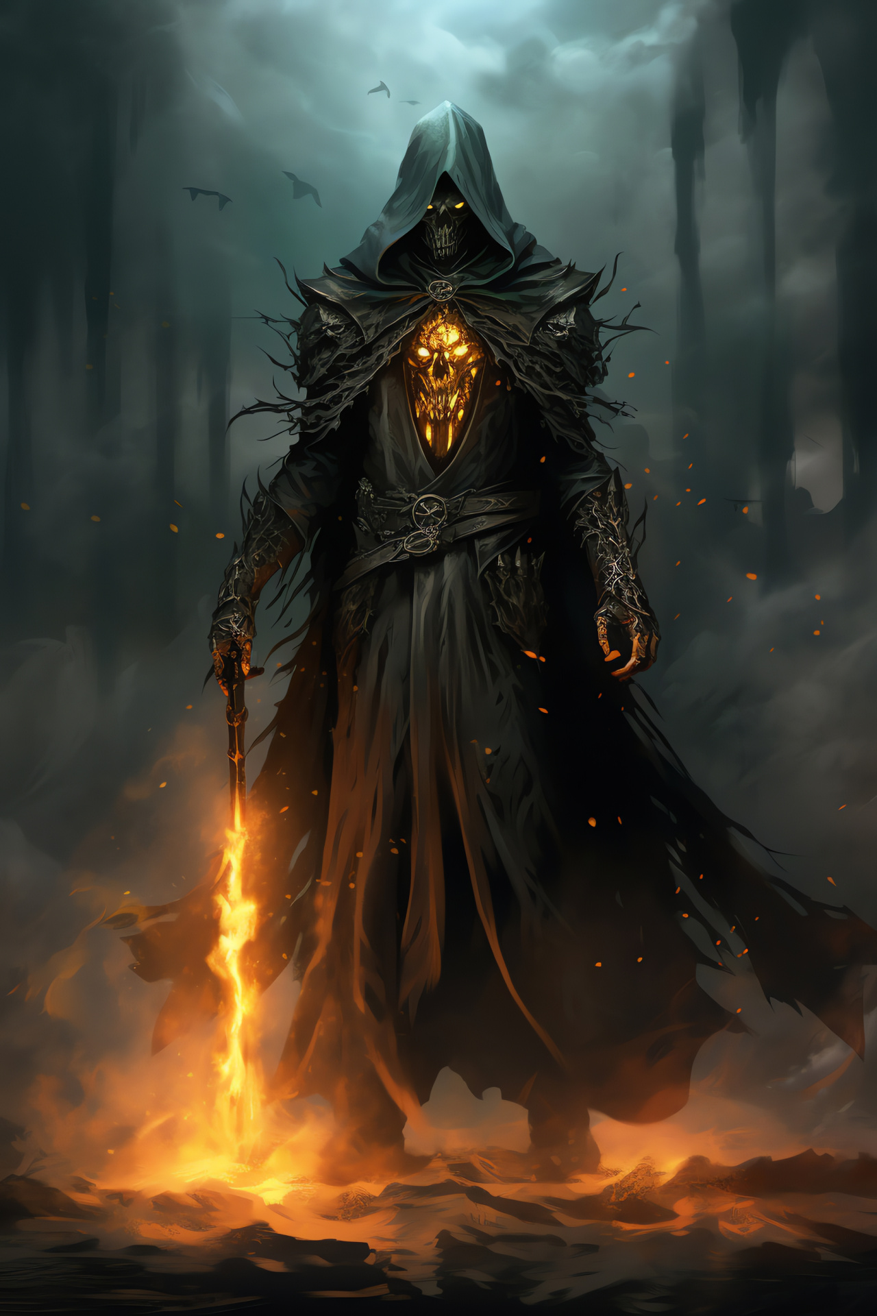 Dark Warlock battle, Skeletal fighters, Tattered sorcerer garb, Occult sigils, Strategic combat, HD Phone Wallpaper