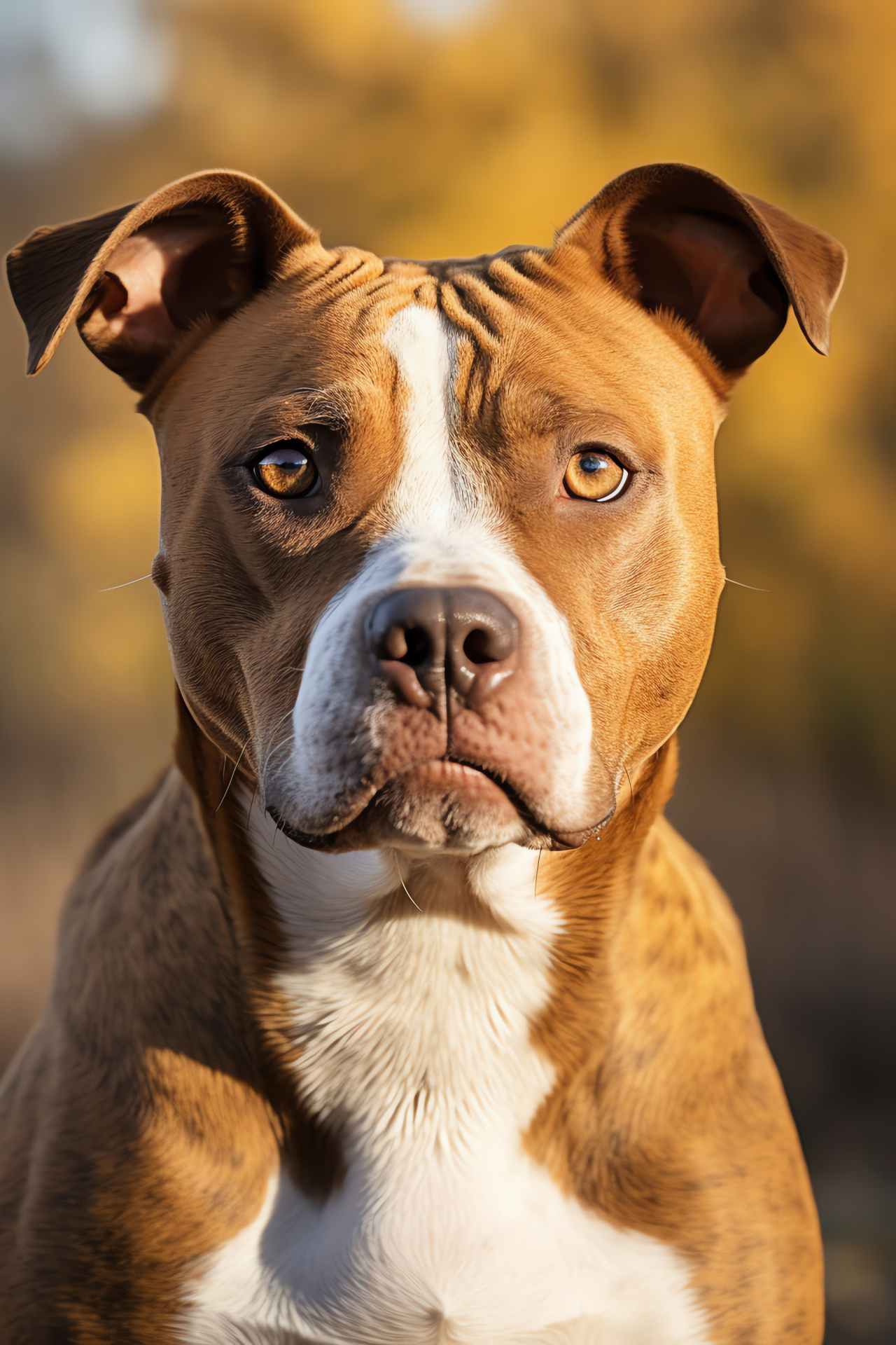 Tan-coated Pit Bull breed, Ivory facial streak, Chestnut-eyed companion, Faithful pet, Overhead cityscape, HD Phone Wallpaper