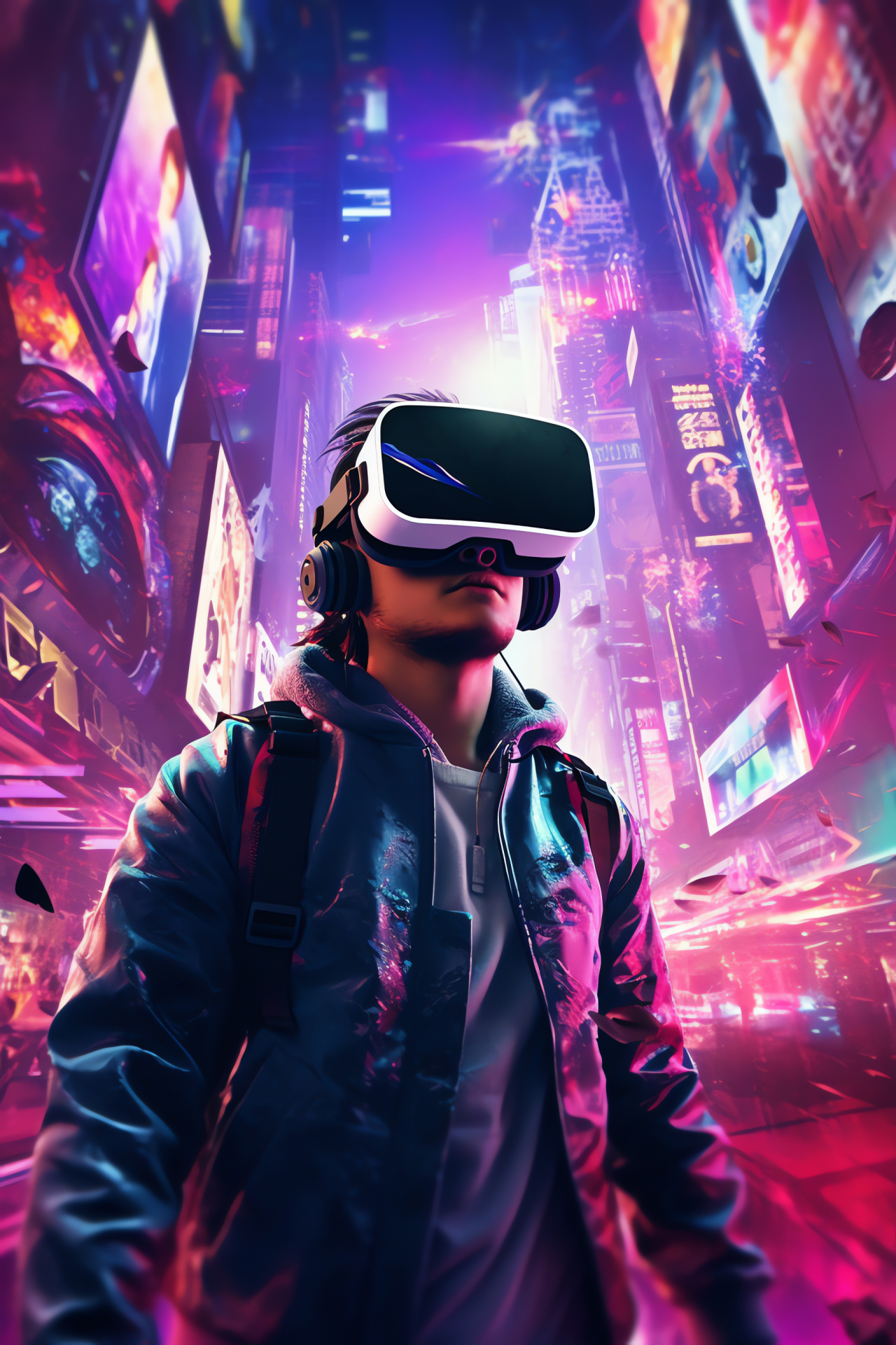 Imaginative VR gamer, Cityscape digital environment, Engaging VR headset, Interactive gaming controllers, Virtual metropolis immersion, HD Phone Image