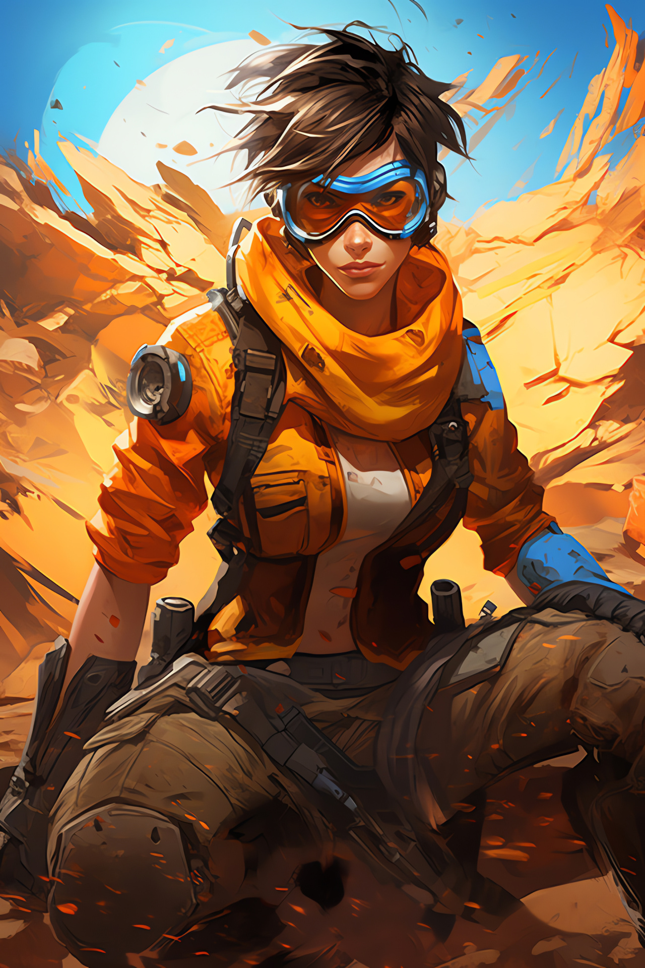 Tracer Overwatch survivalist, Wasteland rebel style, Scavenger crew motif, Urban decay landscape, Post-society rebellion, HD Phone Image