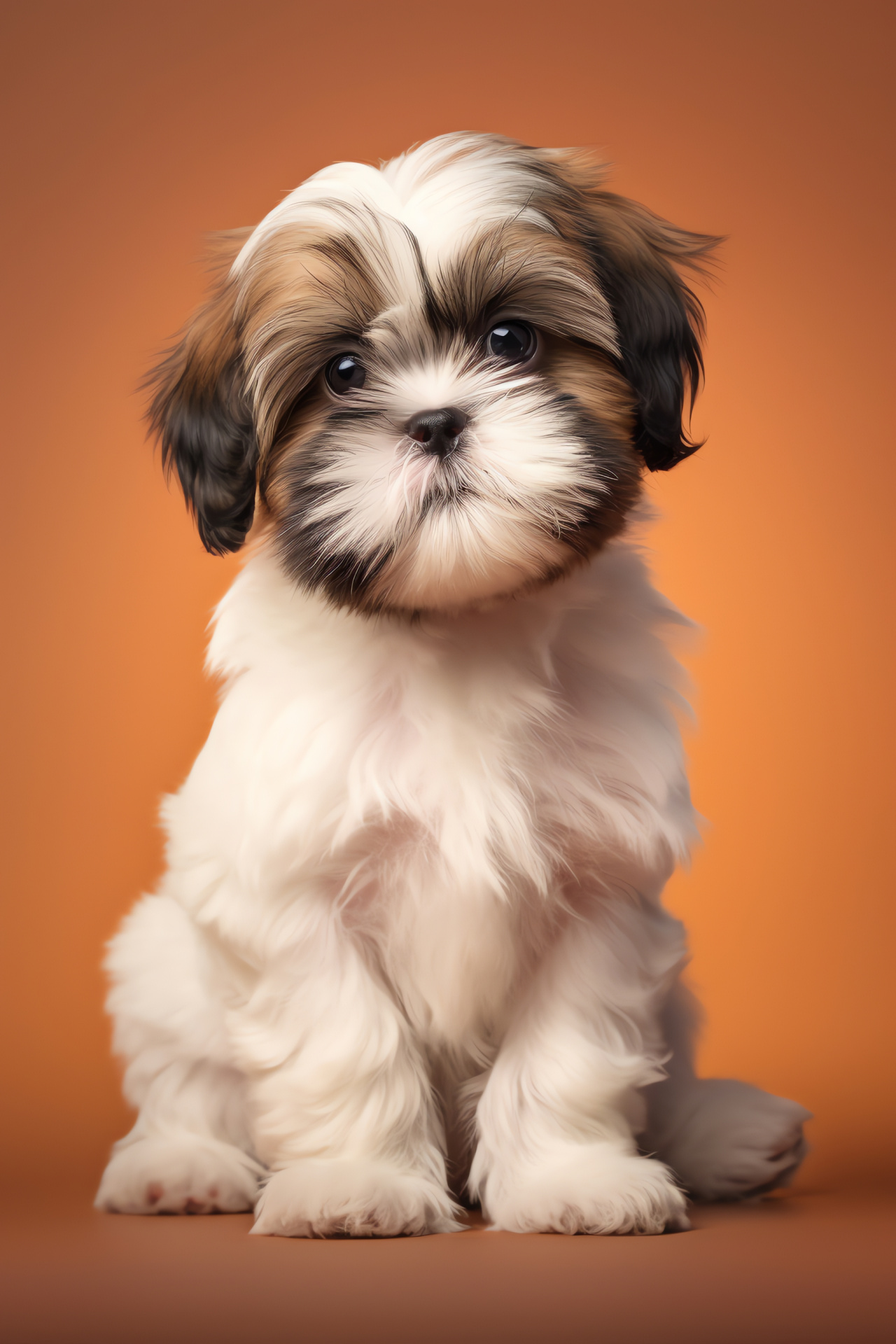 Puppy Shih Tzu, Fluffy white-brown coat, Expressive dark orbs, Innocent canine display, Two-tone simplicity, HD Phone Wallpaper