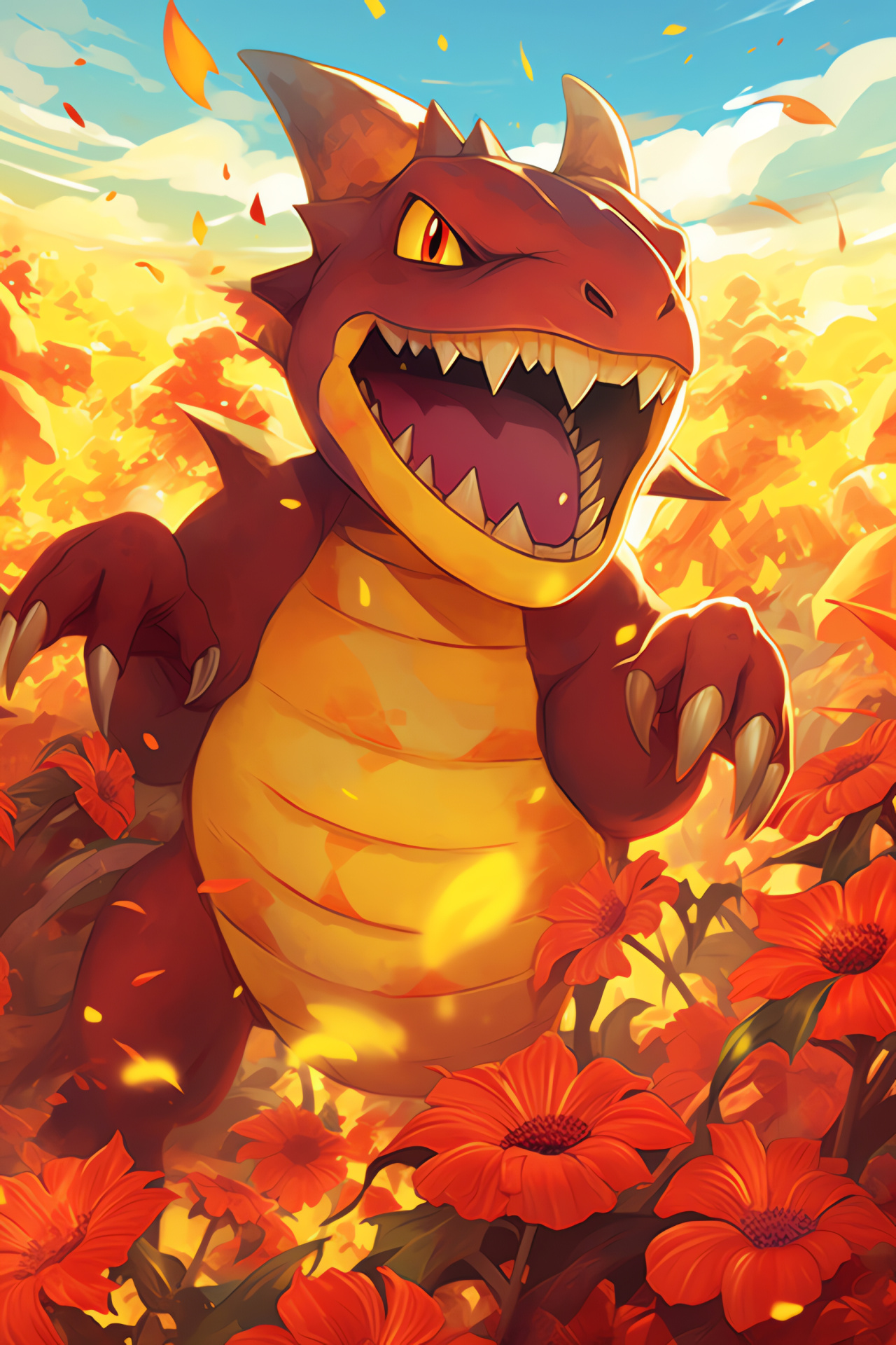 Pokemon Charmeleon stroll, Helianthus growth patch, Daylight shimmer, Golden flower burst, Heat type Pokemon, HD Phone Image