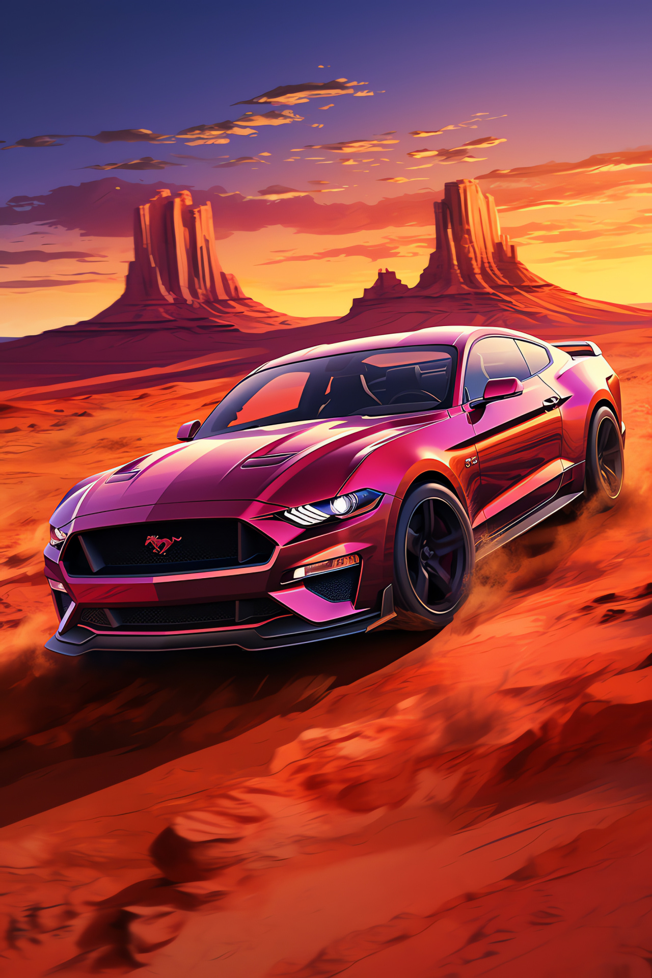 Ford Mustang, Panoramic aerial scenery, Vast environmental capture, Engaging car presence, HD Phone Image