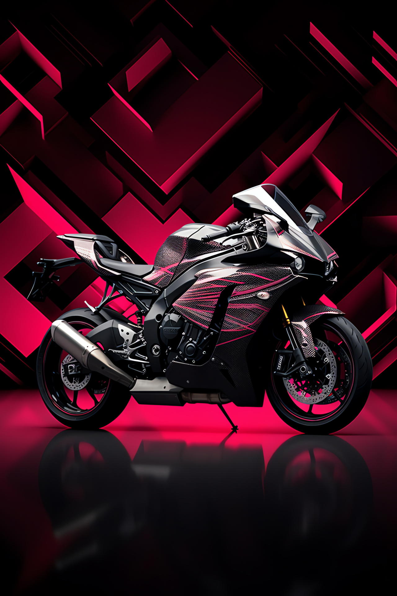 Yamaha R1 sportbike, powerful displacement, motorcycle profile, abstract geometry, crimson and onyx contrasts, HD Phone Image