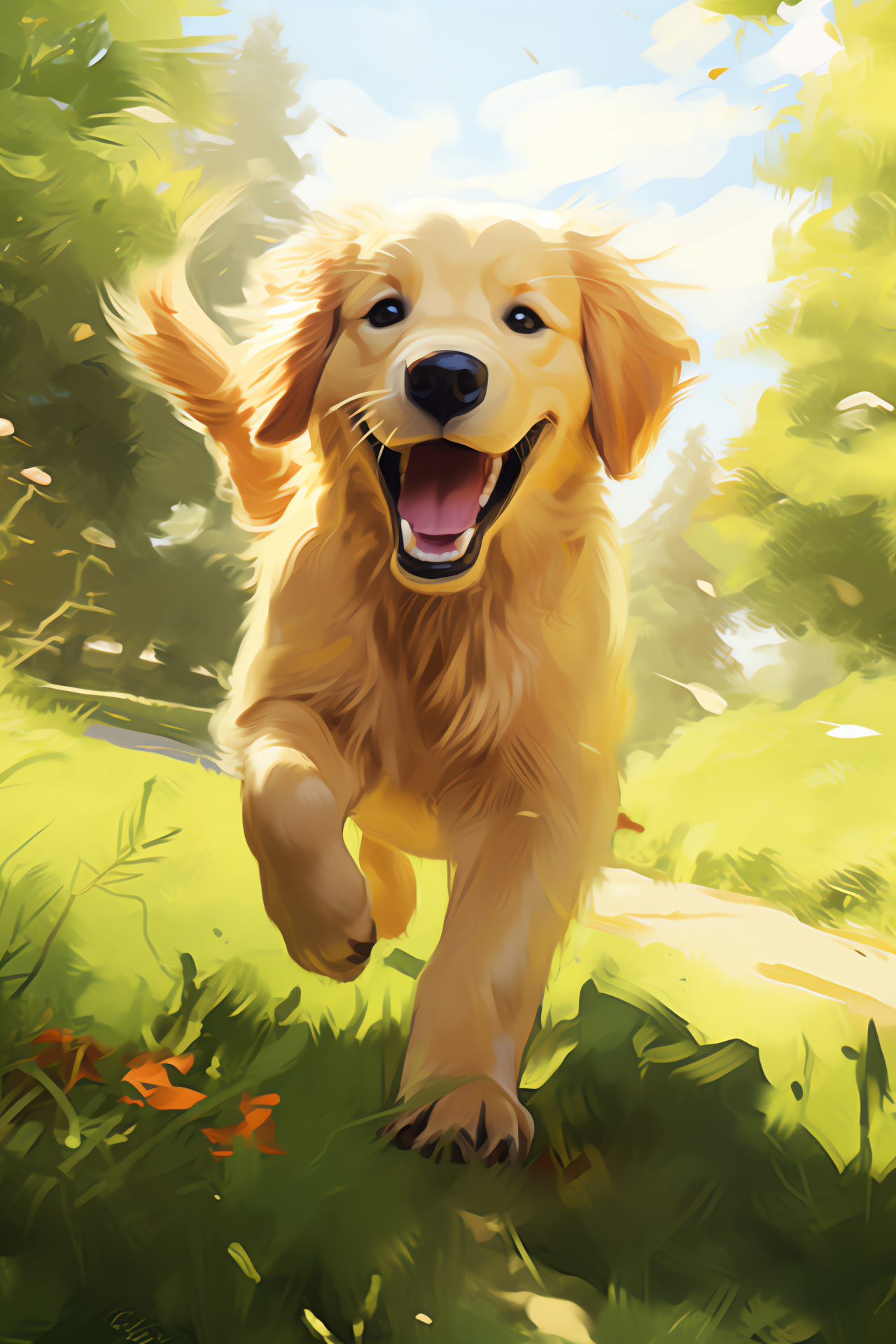 Golden retriever puppy, fluffy fur, canine friend, sunlit pet, animal playfulness, HD Phone Image