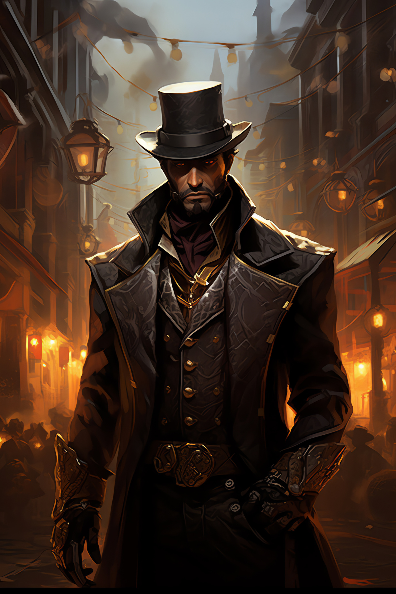 Twisted Fate, enigmatic conjurer, neo-industrial cityscape, bygone structural design, avant-garde contraptions, HD Phone Image