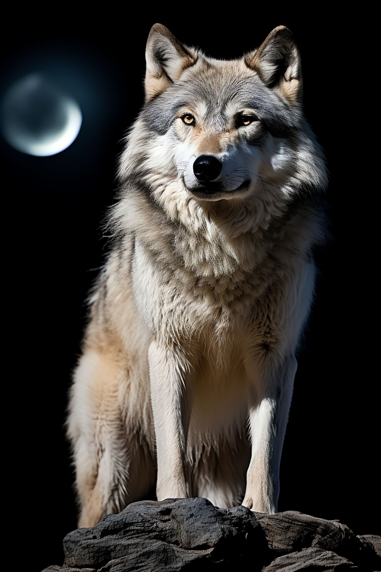 Wolf, Lupus silhouette, expansive terrain, lunar orb, piercing look, HD Phone Wallpaper