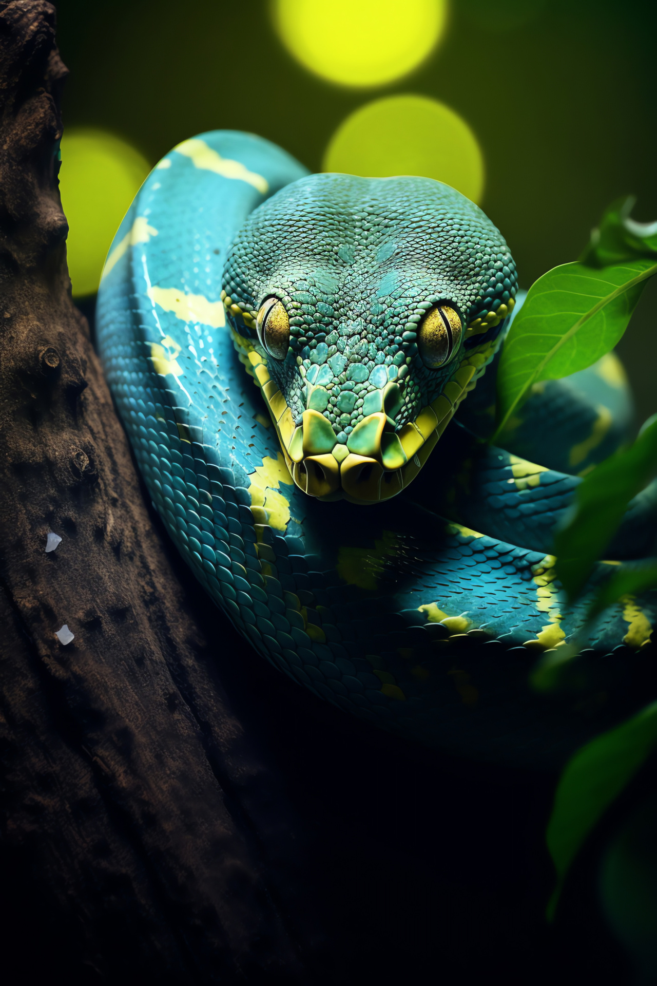 Green Tree Python beauty, Intense reptile gaze, Rainforest inhabitant, Serpentine camouflage, Lush habitat, HD Phone Image