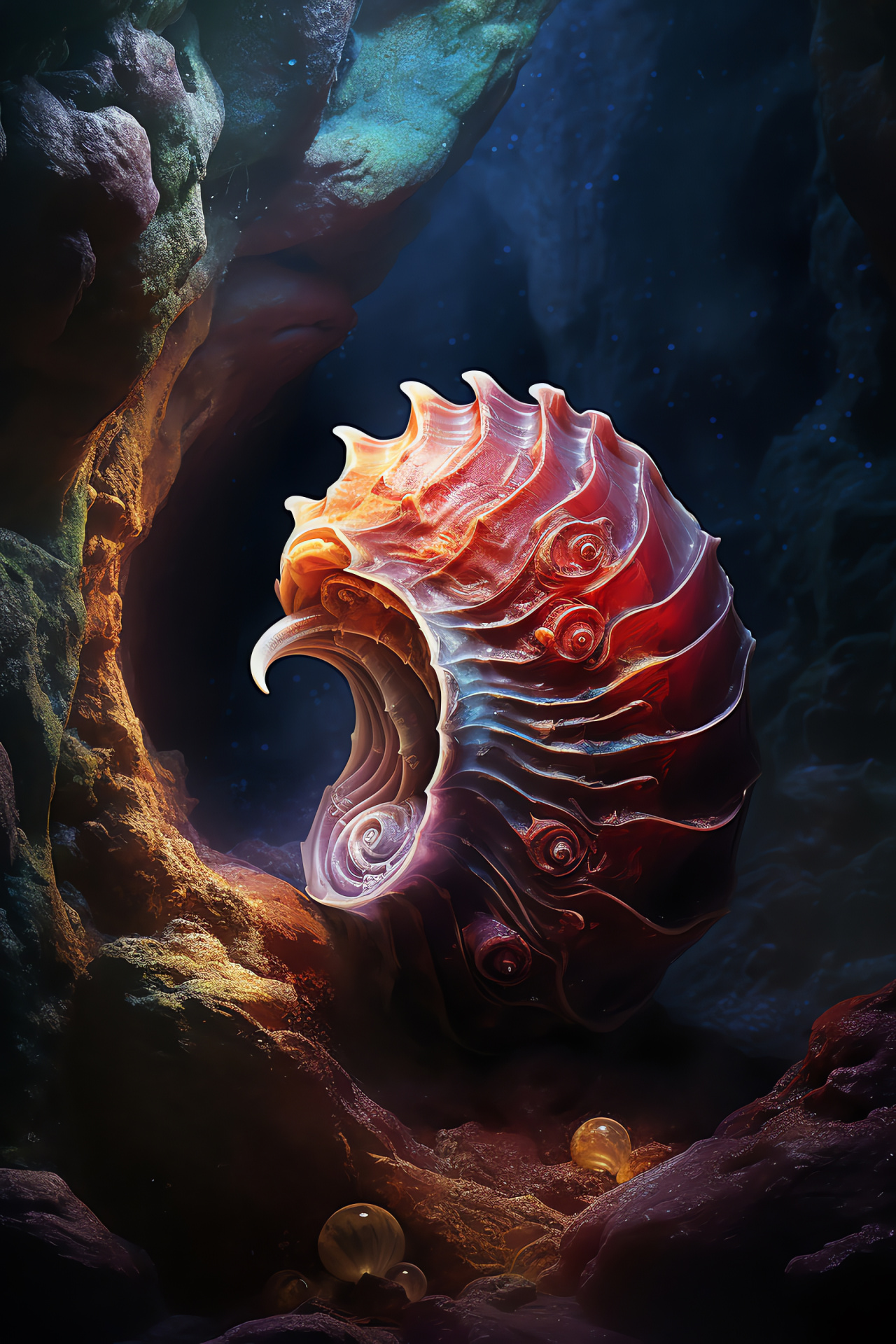 Nautilus dwelling, hidden cave, regal appearance, rich shell colors, underwater enigma, HD Phone Image